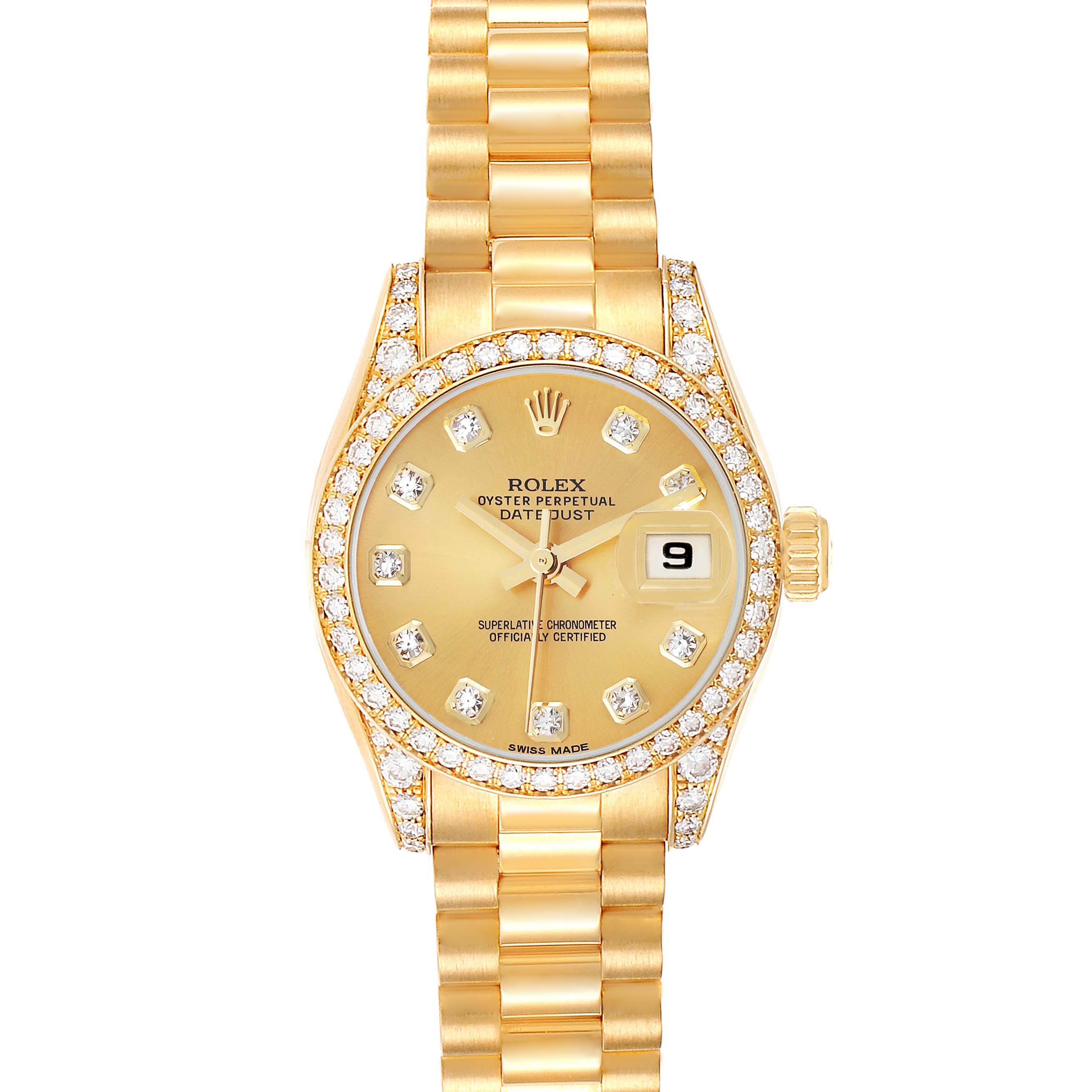 This image shows a frontal view of a Rolex President 179158 Women's Yellow Gold Champagne Dial 179158 Women's Yellow Gold Champagne Dial model watch with a gold face, diamond markers, and a gold band.
