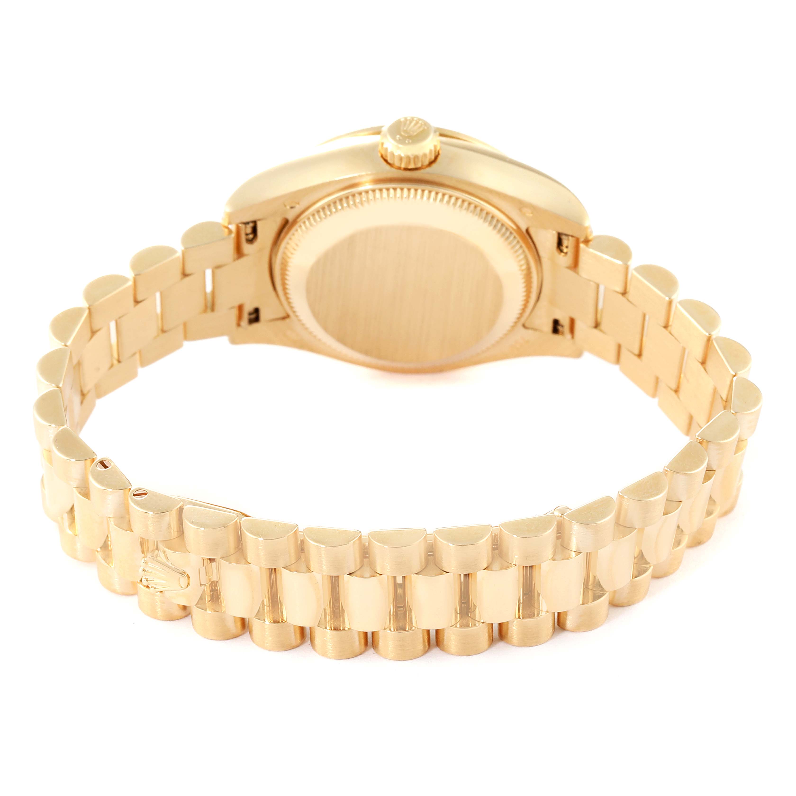 This image shows the back and bracelet of the Rolex President 179158 Women's Yellow Gold Champagne Dial 179158 Women's Yellow Gold Champagne Dial model watch, viewed from the rear.