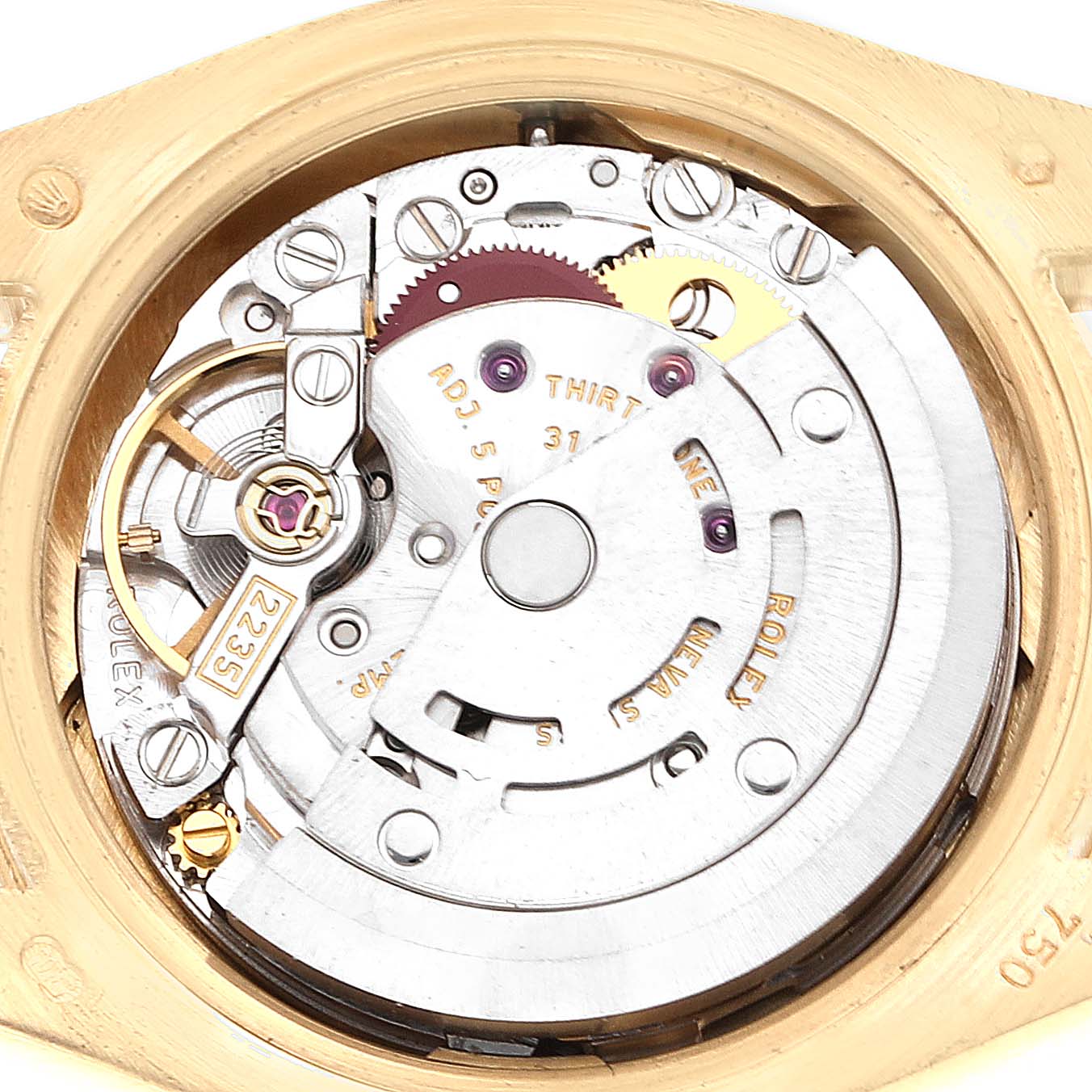 The image shows the movement's internal mechanism of the Rolex President 179158 Women's Yellow Gold Champagne Dial 179158 Women's Yellow Gold Champagne Dial model from a rear angle.