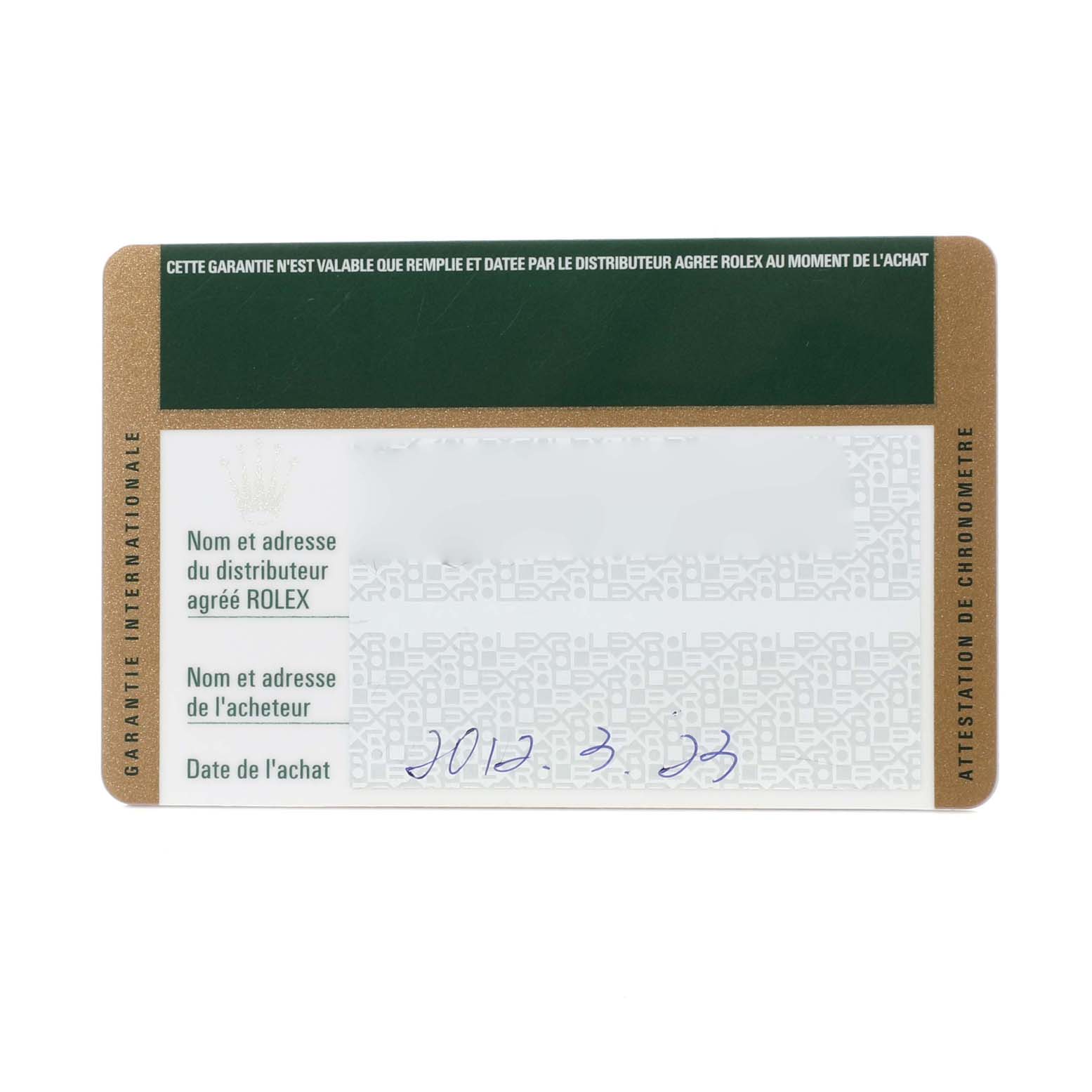 This image shows a warranty card for a Rolex President 179158 Women's Yellow Gold Champagne Dial 179158 Women's Yellow Gold Champagne Dial model watch.