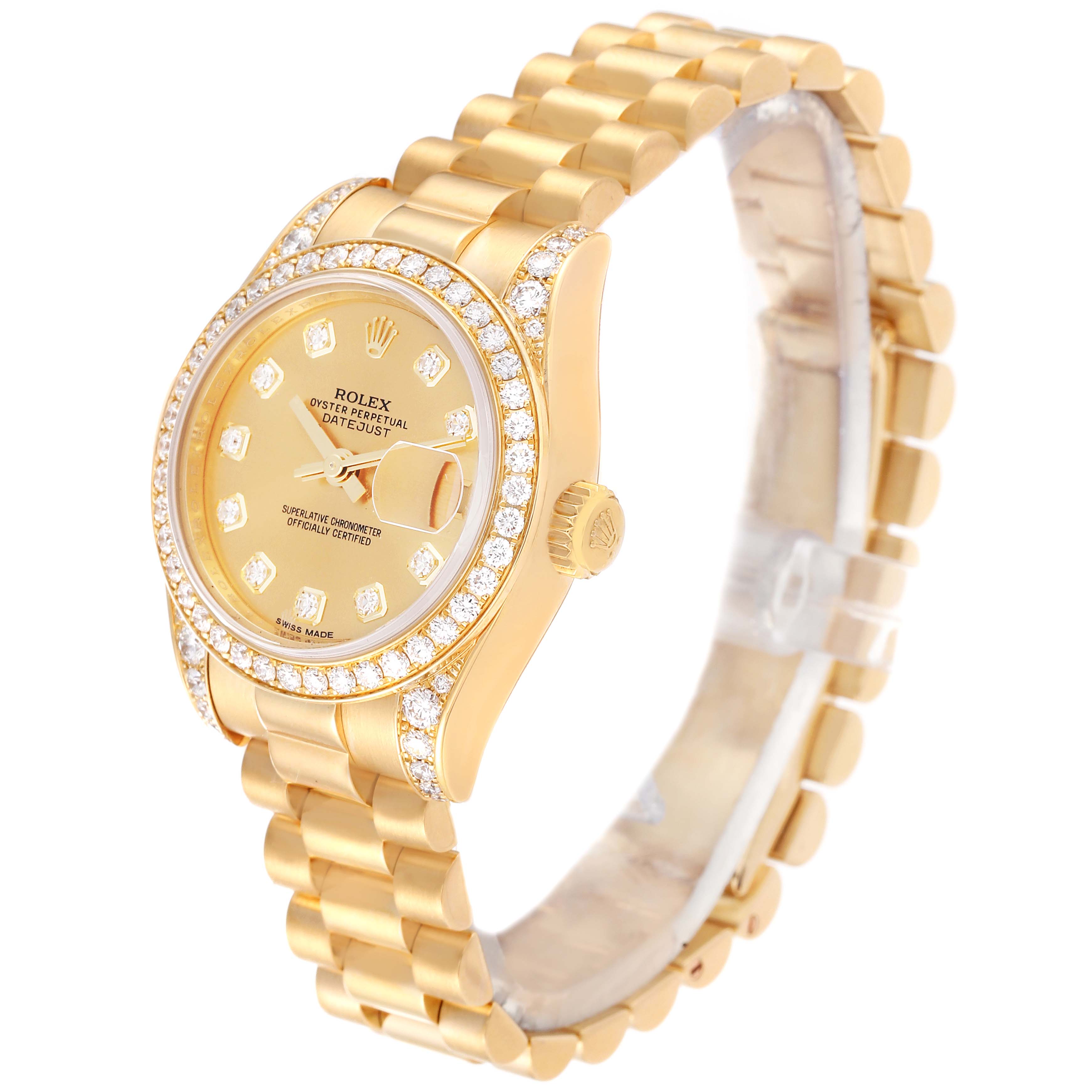 The Rolex President 179158 Women's Yellow Gold Champagne Dial 179158 Women's Yellow Gold Champagne Dial model watch is shown at a slight angle, displaying its face, bezel, crown, and bracelet.