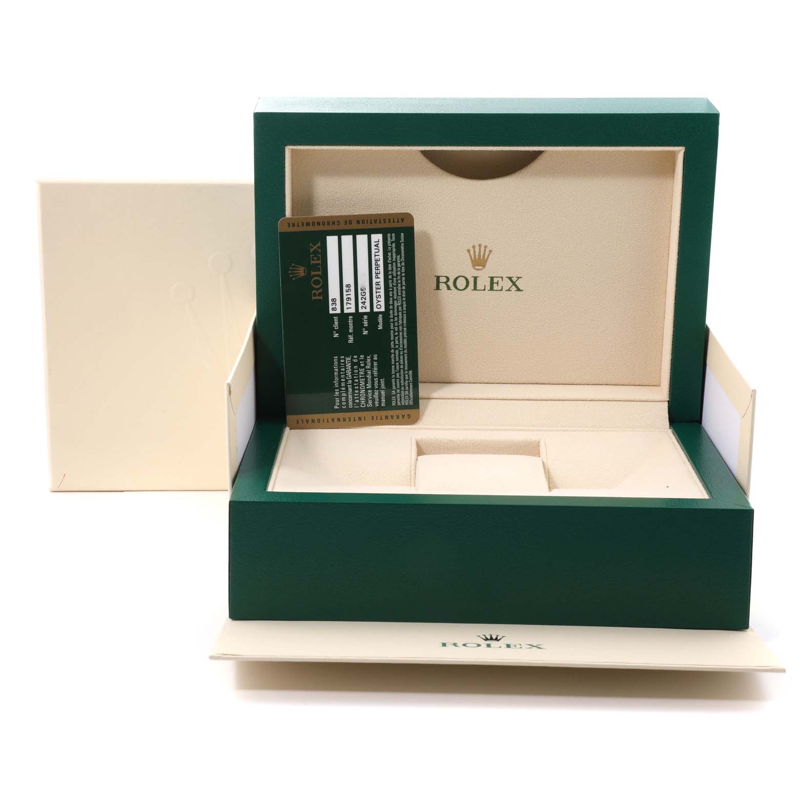 The image shows an open Rolex President 179158 Women's Yellow Gold Champagne Dial 179158 Women's Yellow Gold Champagne Dial watch box and warranty card, with the inner and outer boxes visible.
