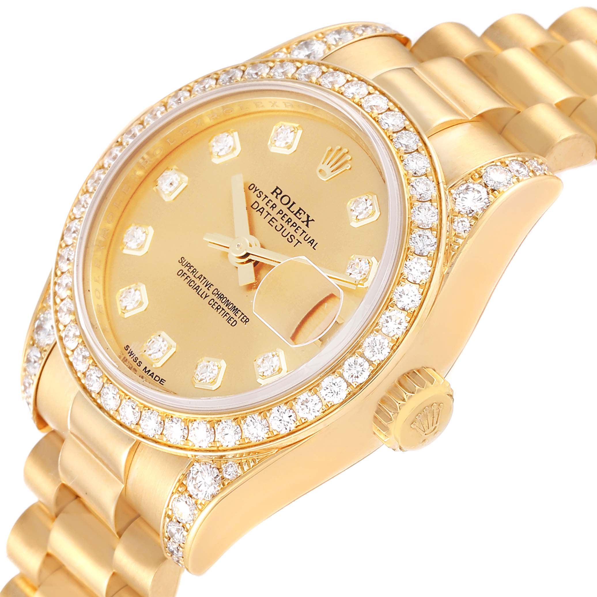 The image shows a gold Rolex President 179158 Women's Yellow Gold Champagne Dial 179158 Women's Yellow Gold Champagne Dial model watch at a slight angle, highlighting its diamond-set bezel, dial, and bracelet.