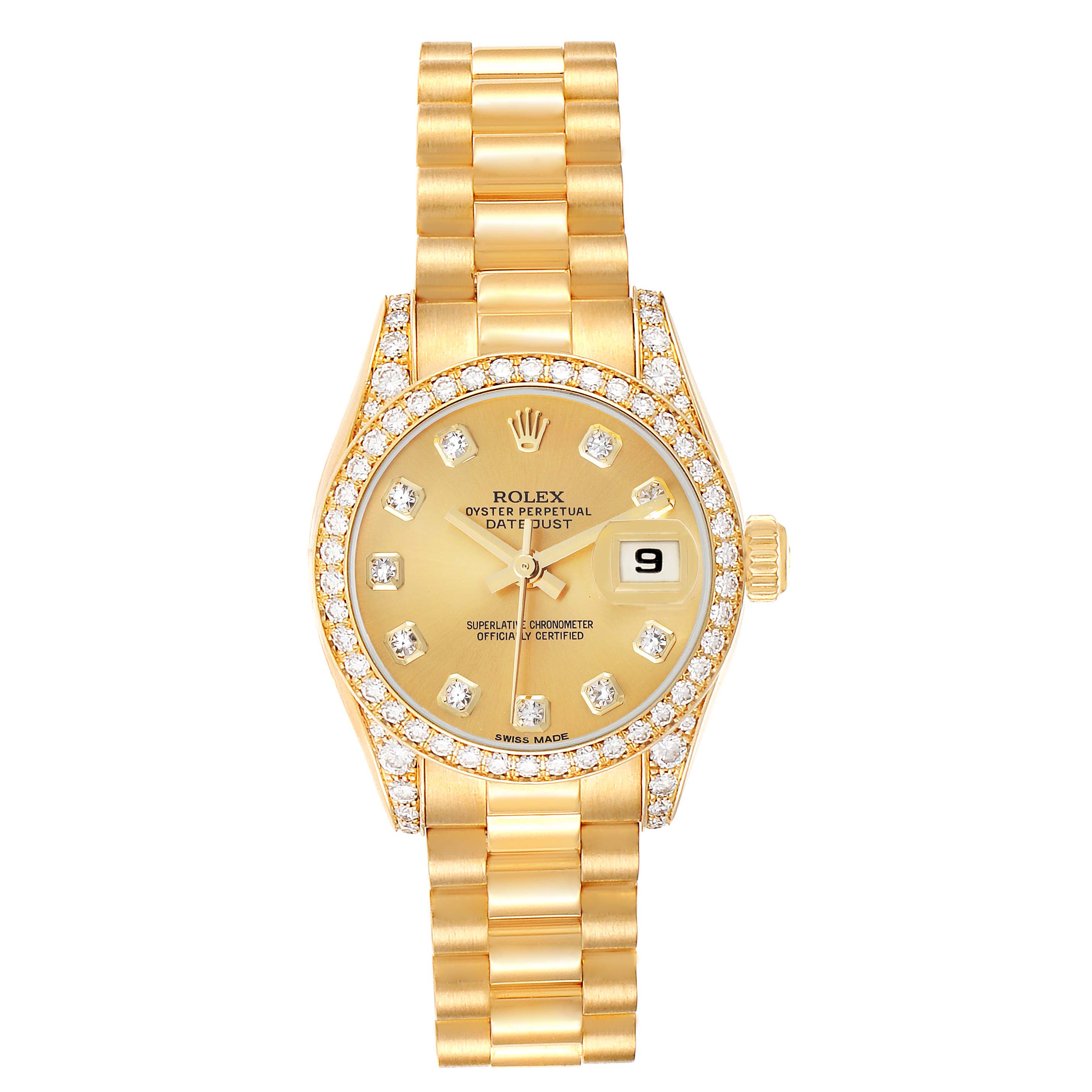 The image shows a front view of a Rolex President 179158 Women's Yellow Gold Champagne Dial 179158 Women's Yellow Gold Champagne Dial model watch with a gold bracelet and diamond-encrusted bezel.