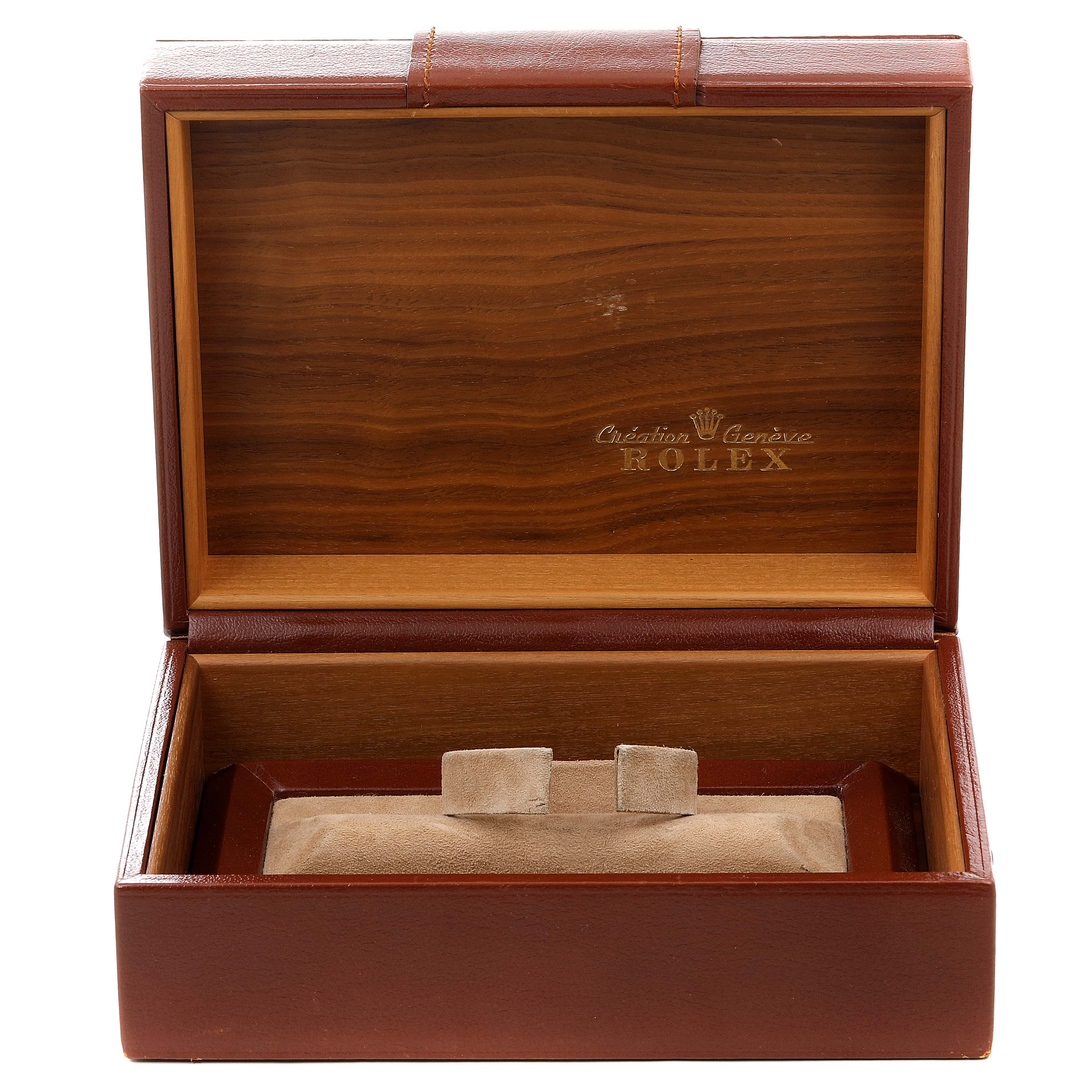 This image shows an open wooden watch box for a Rolex President 18038 Men
s Yellow Gold White Dial 18038 Men
s Yellow Gold White Dial model.