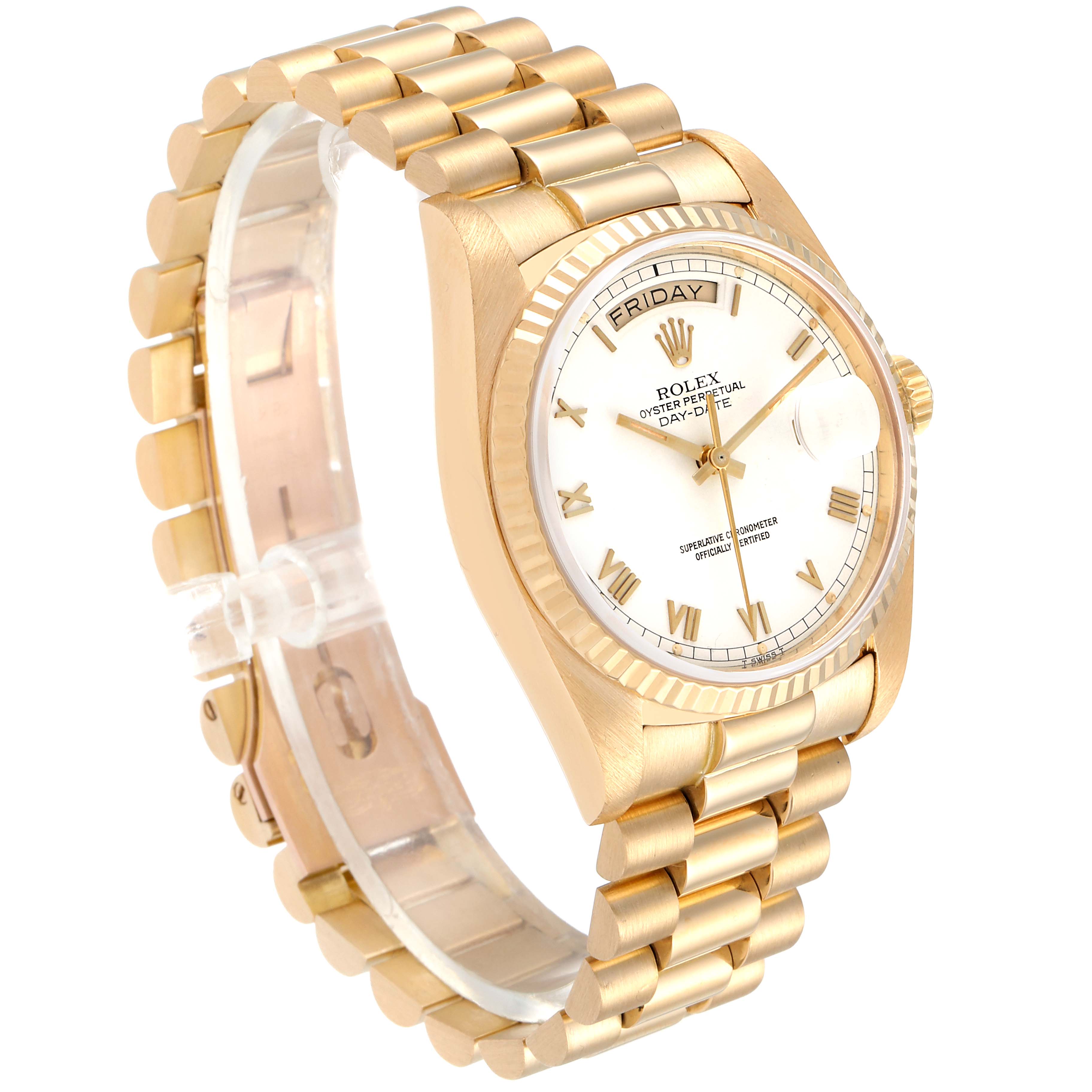 The image shows a side angle of a Rolex President 18038 Men
s Yellow Gold White Dial 18038 Men
s Yellow Gold White Dial model watch, highlighting its gold bracelet, case, and white dial.