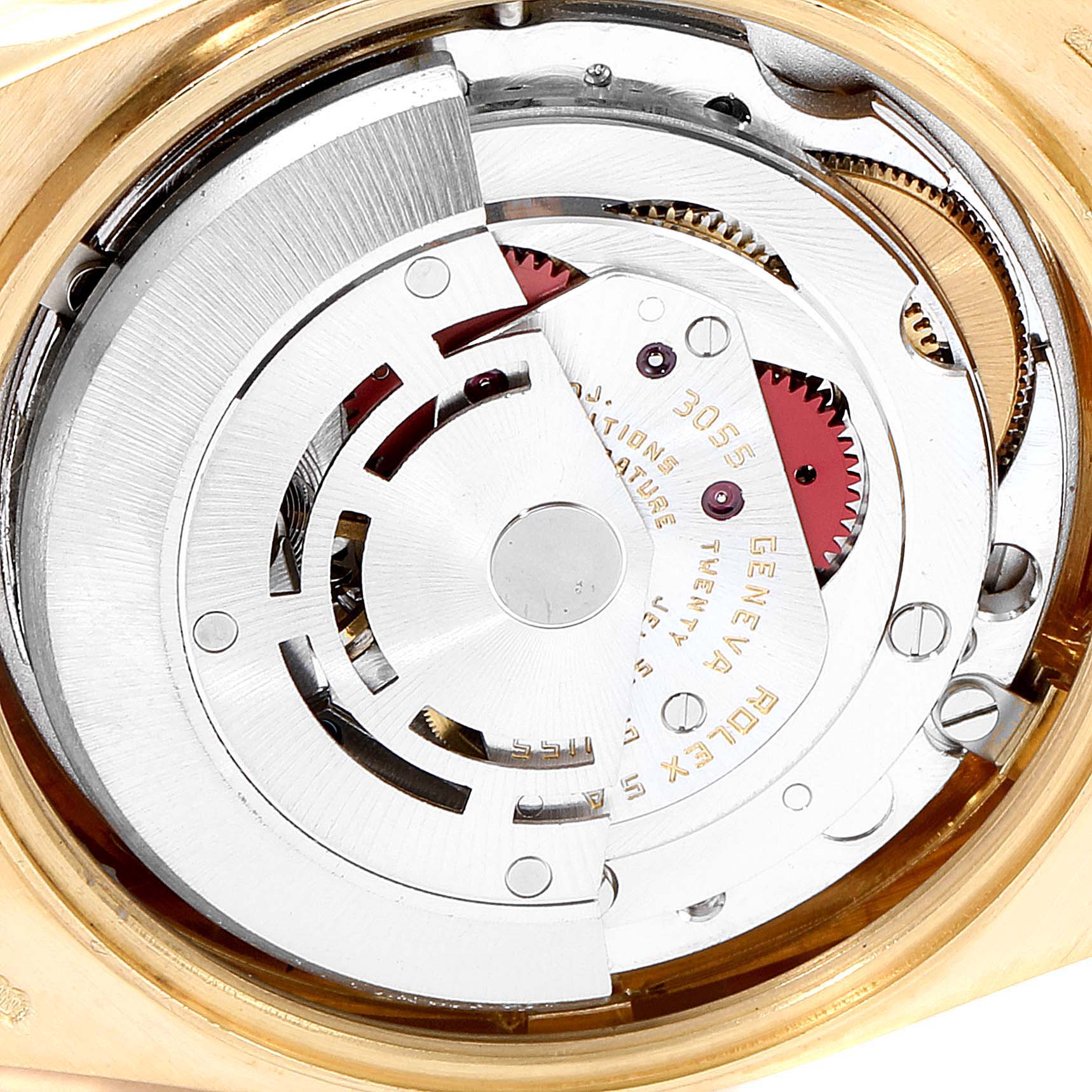 This image shows the internal movement mechanism of a Rolex President 18038 Men
s Yellow Gold White Dial 18038 Men
s Yellow Gold White Dial model watch from a close-up angle.