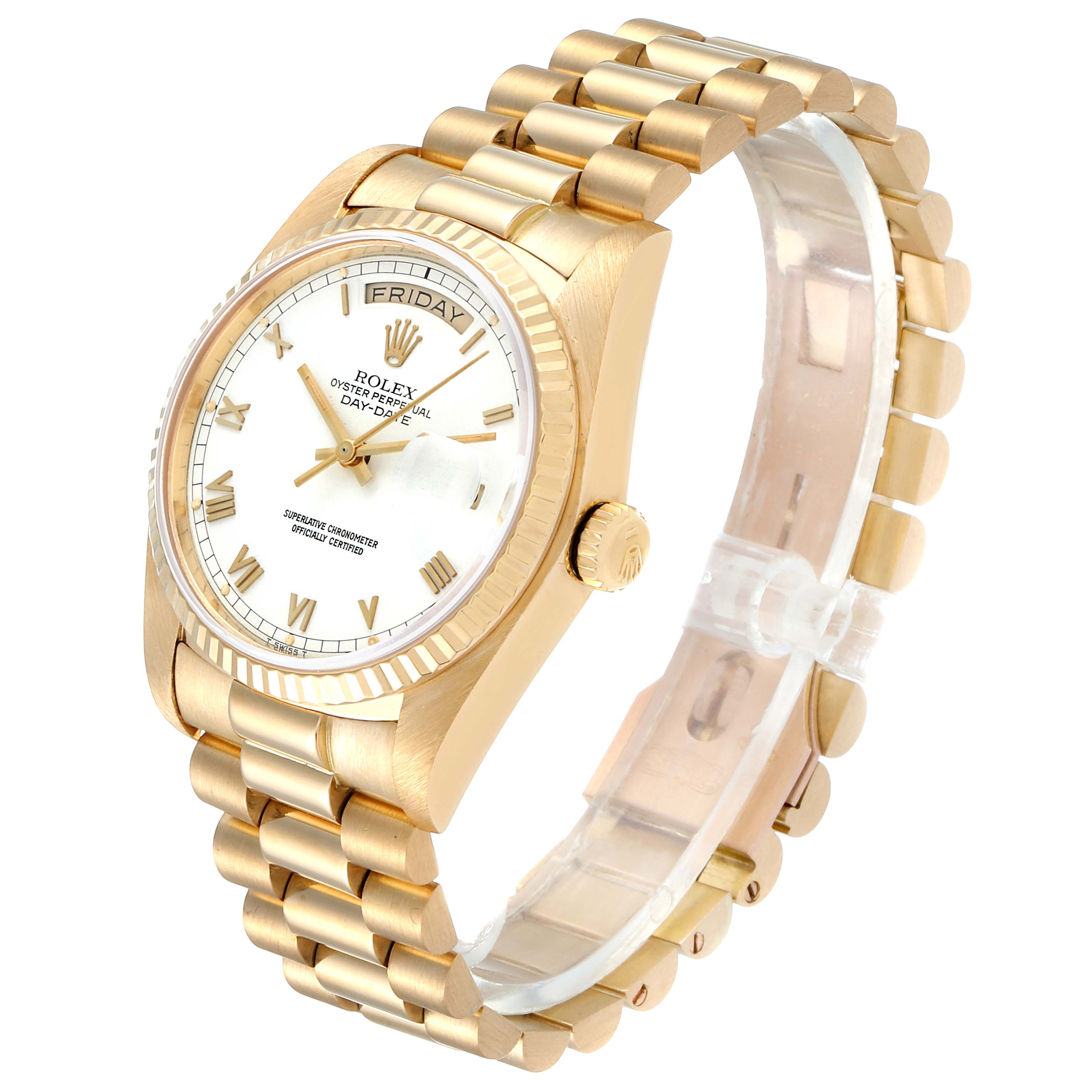 This image shows the Rolex President 18038 Men
s Yellow Gold White Dial 18038 Men
s Yellow Gold White Dial model watch at an angle revealing the dial, bezel, crown, and bracelet.