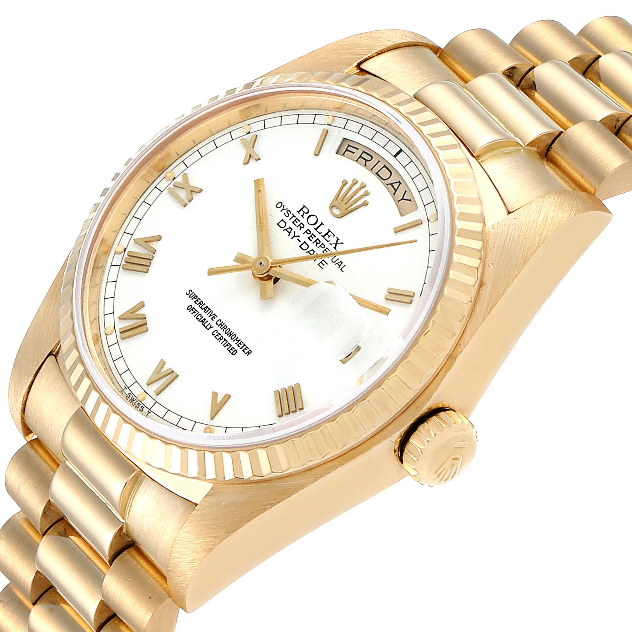 This image shows a close-up angled view of the dial, bezel, bracelet, and crown of a Rolex President 18038 Men
s Yellow Gold White Dial 18038 Men
s Yellow Gold White Dial model watch.