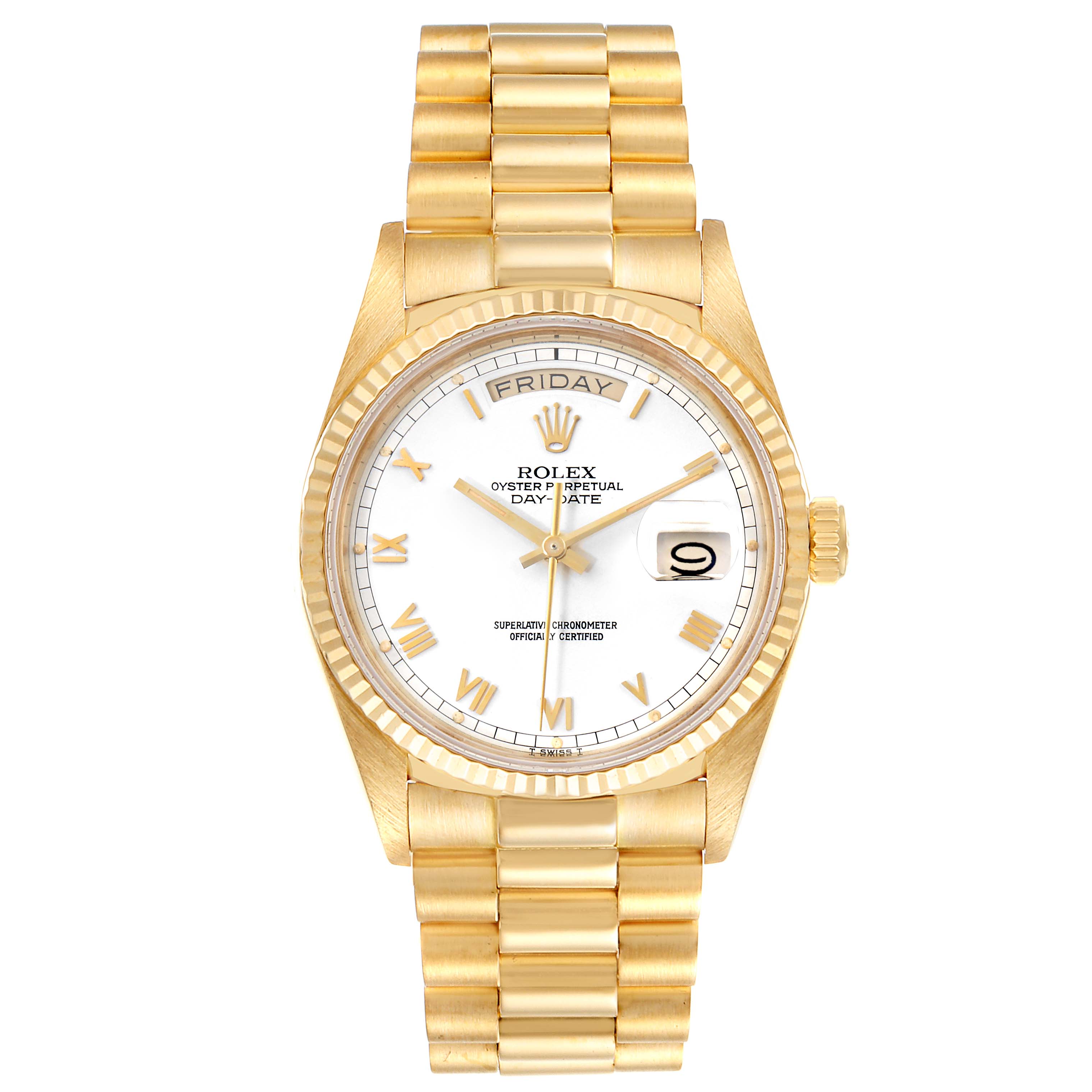 The image shows a front view of the Rolex President 18038 Men
s Yellow Gold White Dial 18038 Men
s Yellow Gold White Dial model watch featuring its dial, bezel, and bracelet.