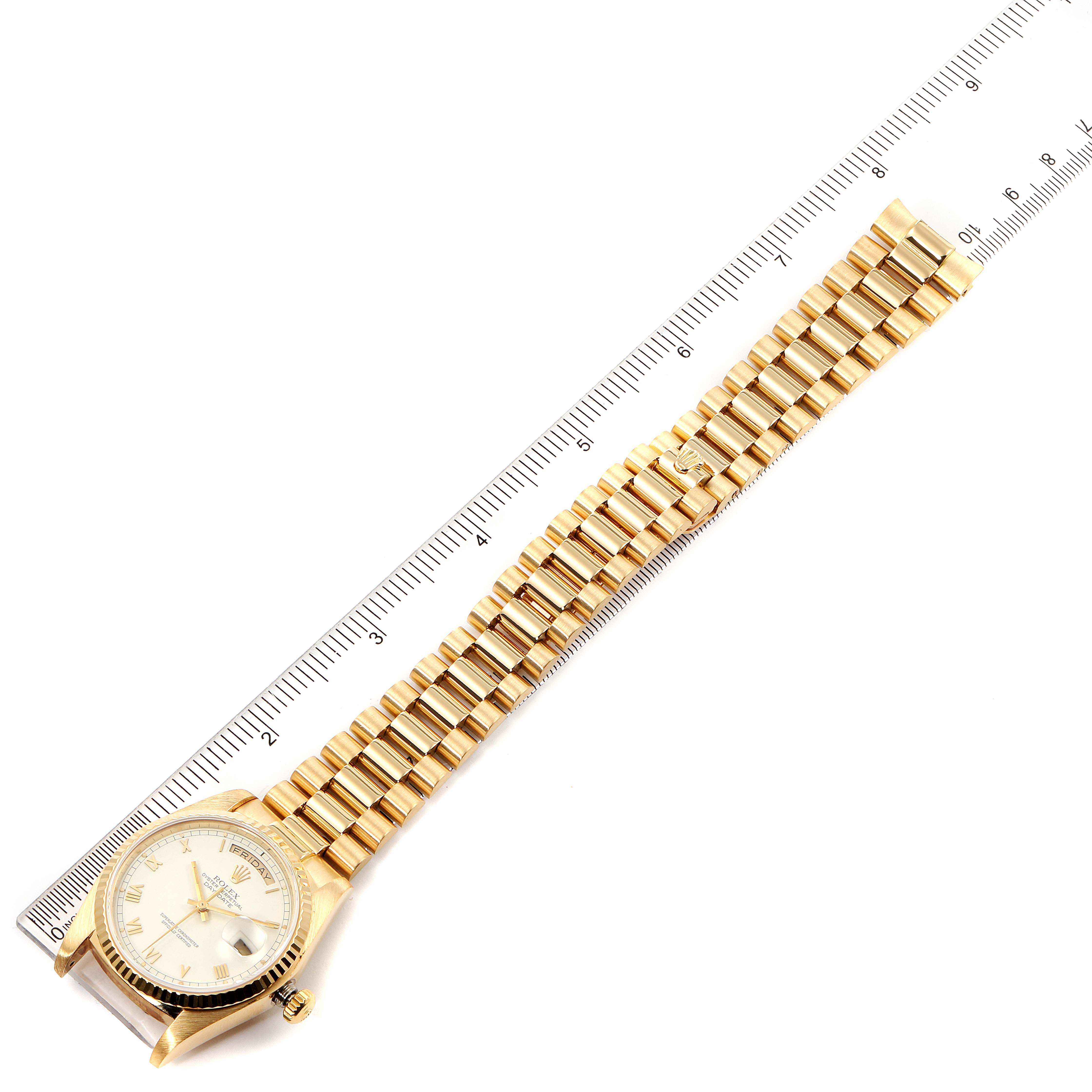 The image shows the Rolex President 18038 Men
s Yellow Gold White Dial 18038 Men
s Yellow Gold White Dial model watch laid flat with the face and bracelet fully visible.