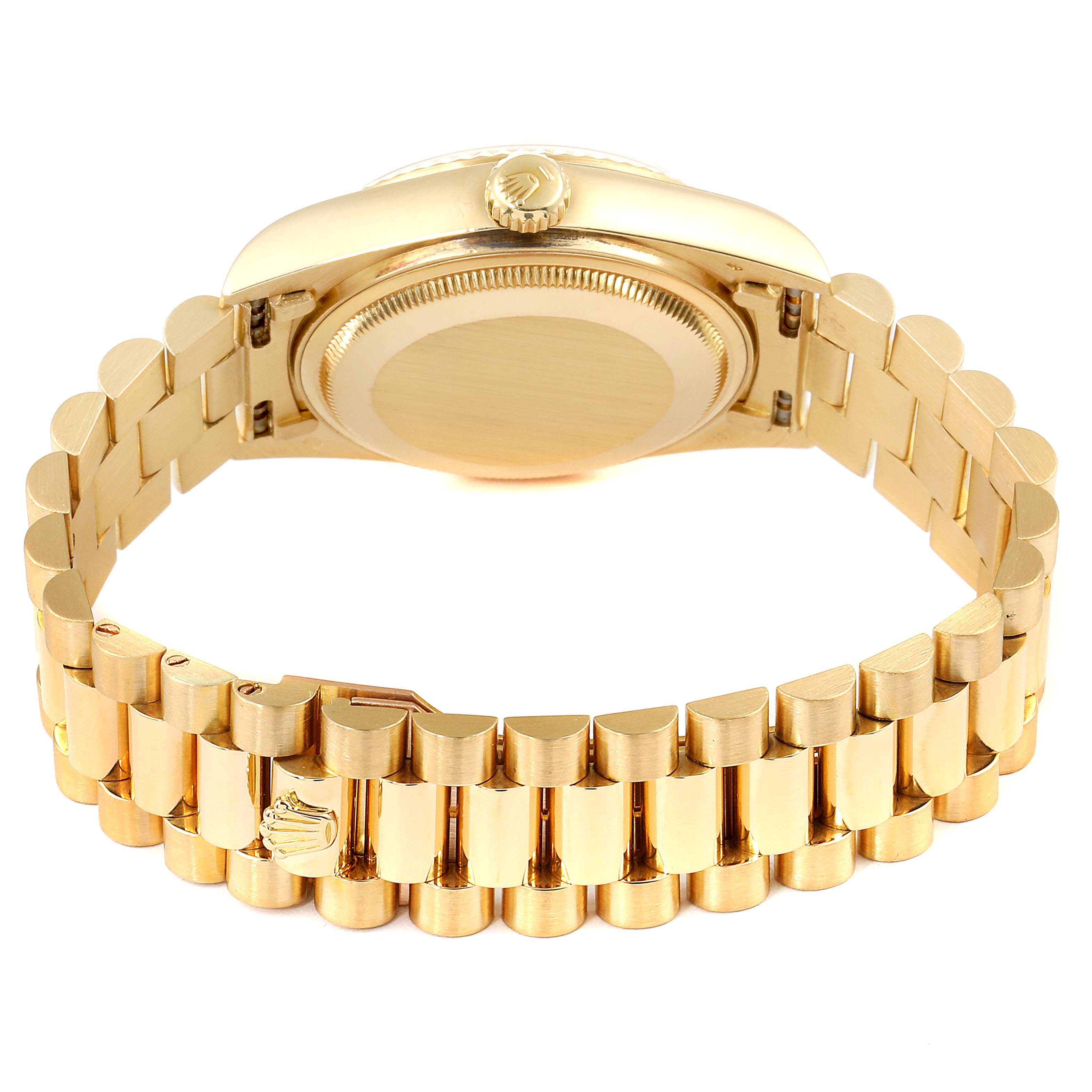The image shows the back and side view of the Rolex President 18038 Men
s Yellow Gold White Dial 18038 Men
s Yellow Gold White Dial model, highlighting its gold case and bracelet.