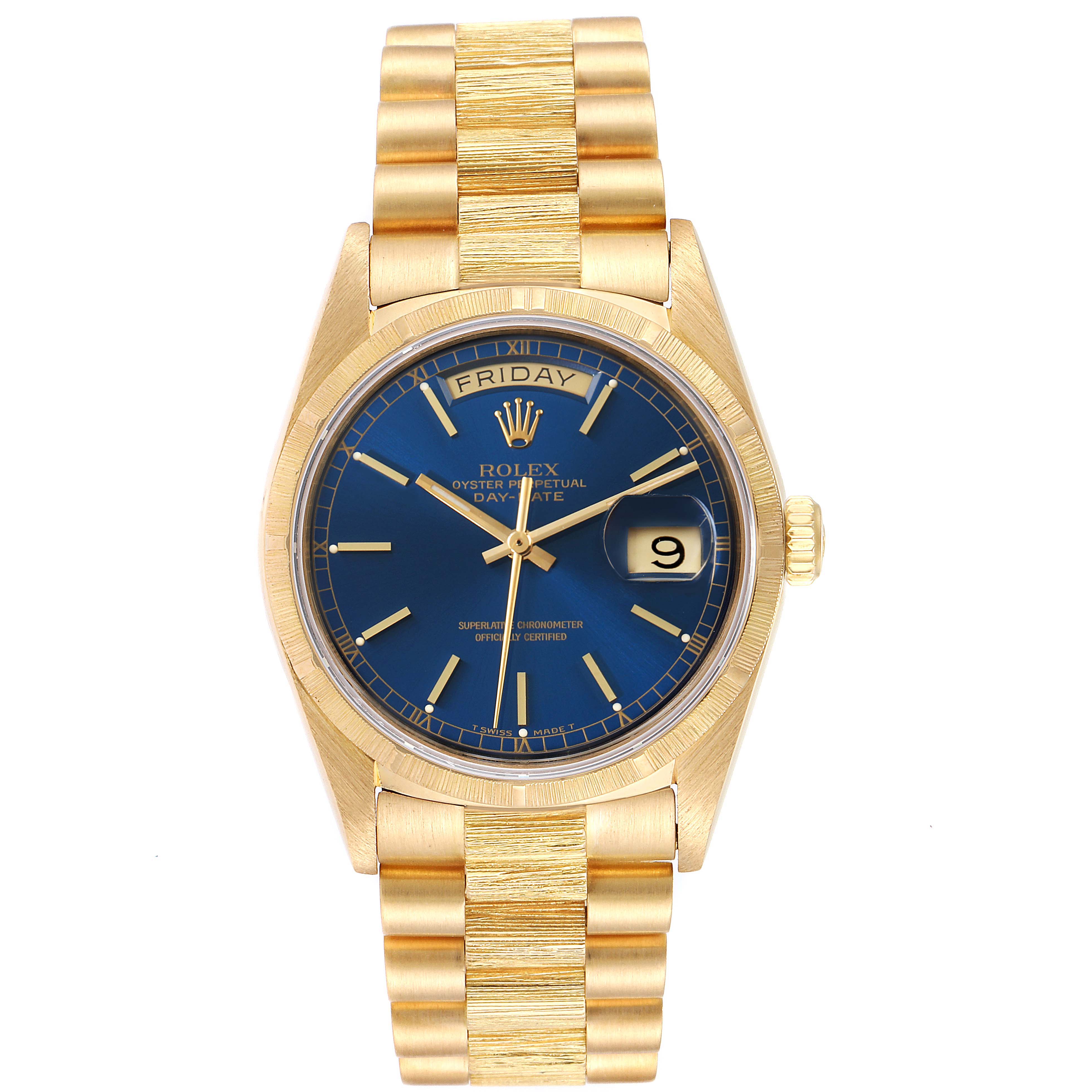 The Rolex President 18078 Men's Yellow Gold Blue Dial 18078 Men's Yellow Gold Blue Dial model watch is shown from a front angle, highlighting its blue dial, day-date display, and gold bracelet.