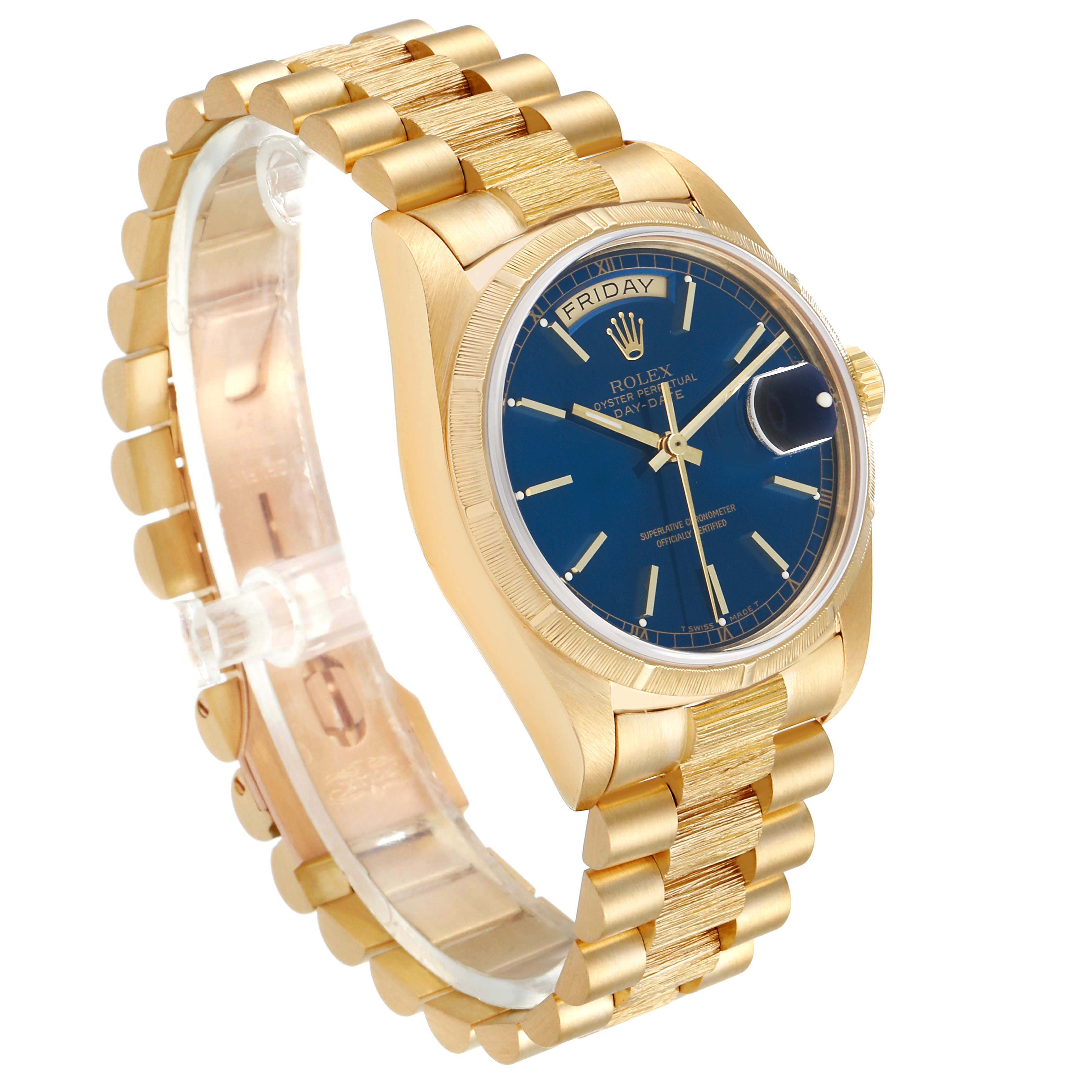 The image shows a Rolex President 18078 Men's Yellow Gold Blue Dial 18078 Men's Yellow Gold Blue Dial model watch from an angled view, highlighting the gold case, bracelet, and blue dial.