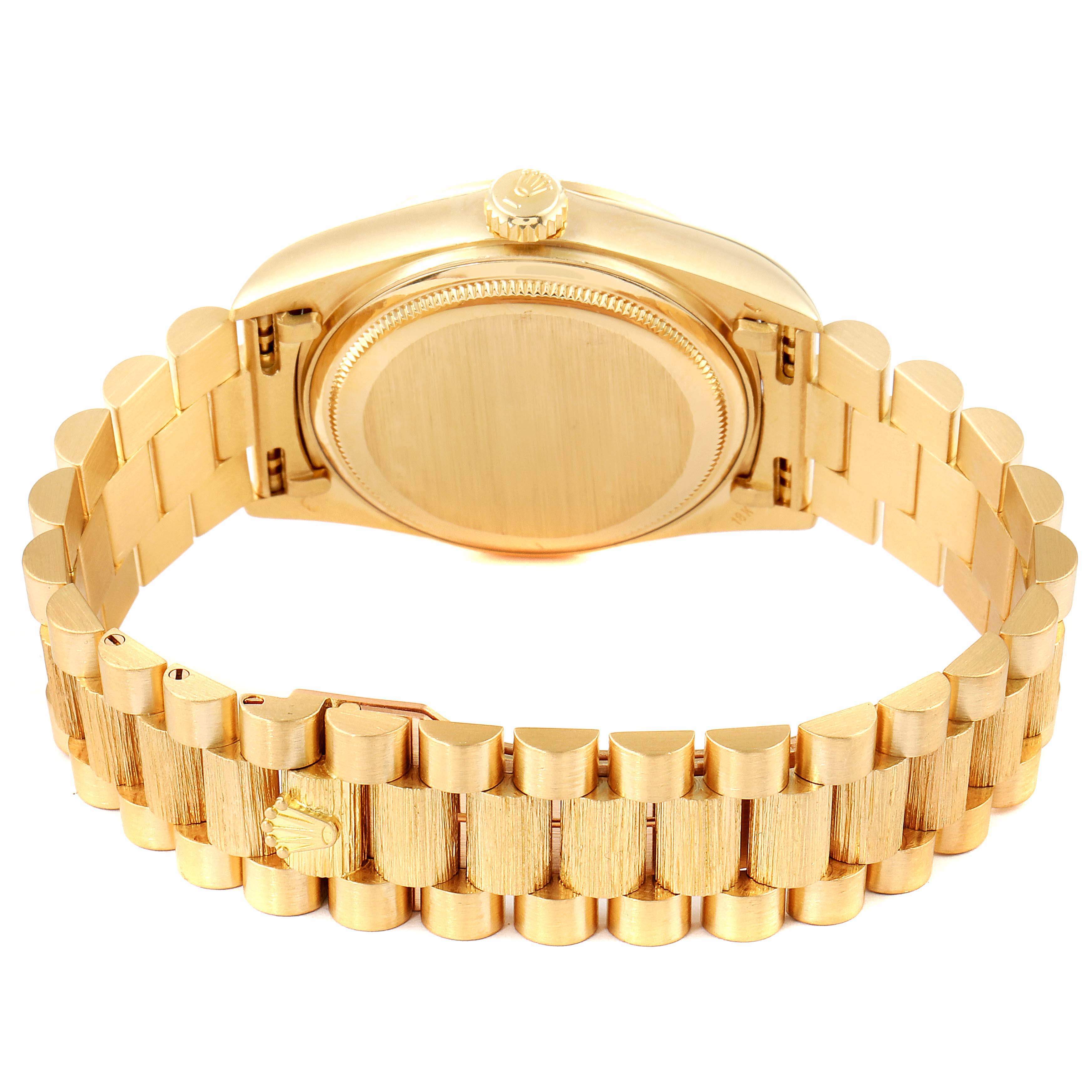 This image shows the back and bracelet clasp of a Rolex President 18078 Men's Yellow Gold Blue Dial 18078 Men's Yellow Gold Blue Dial model watch in gold.