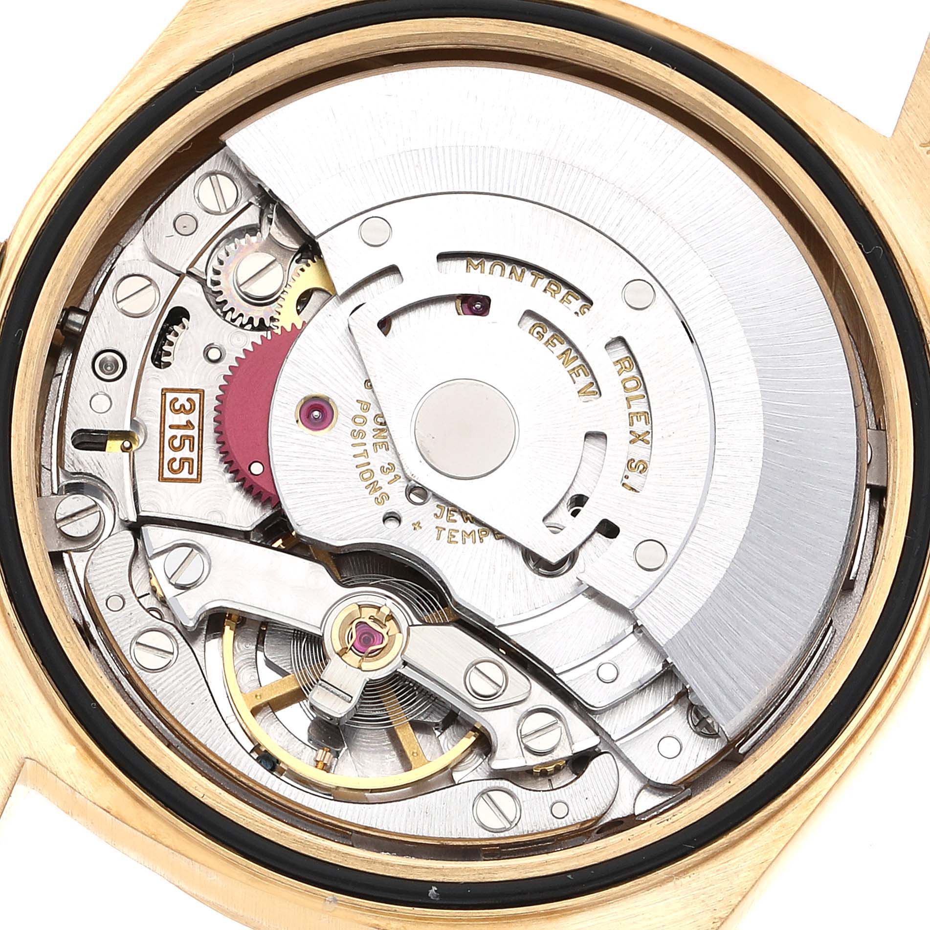 This is an internal view showing the movement mechanism of a Rolex President 18238 Men
s Yellow Gold White Dial 18238 Men
s Yellow Gold White Dial model watch.