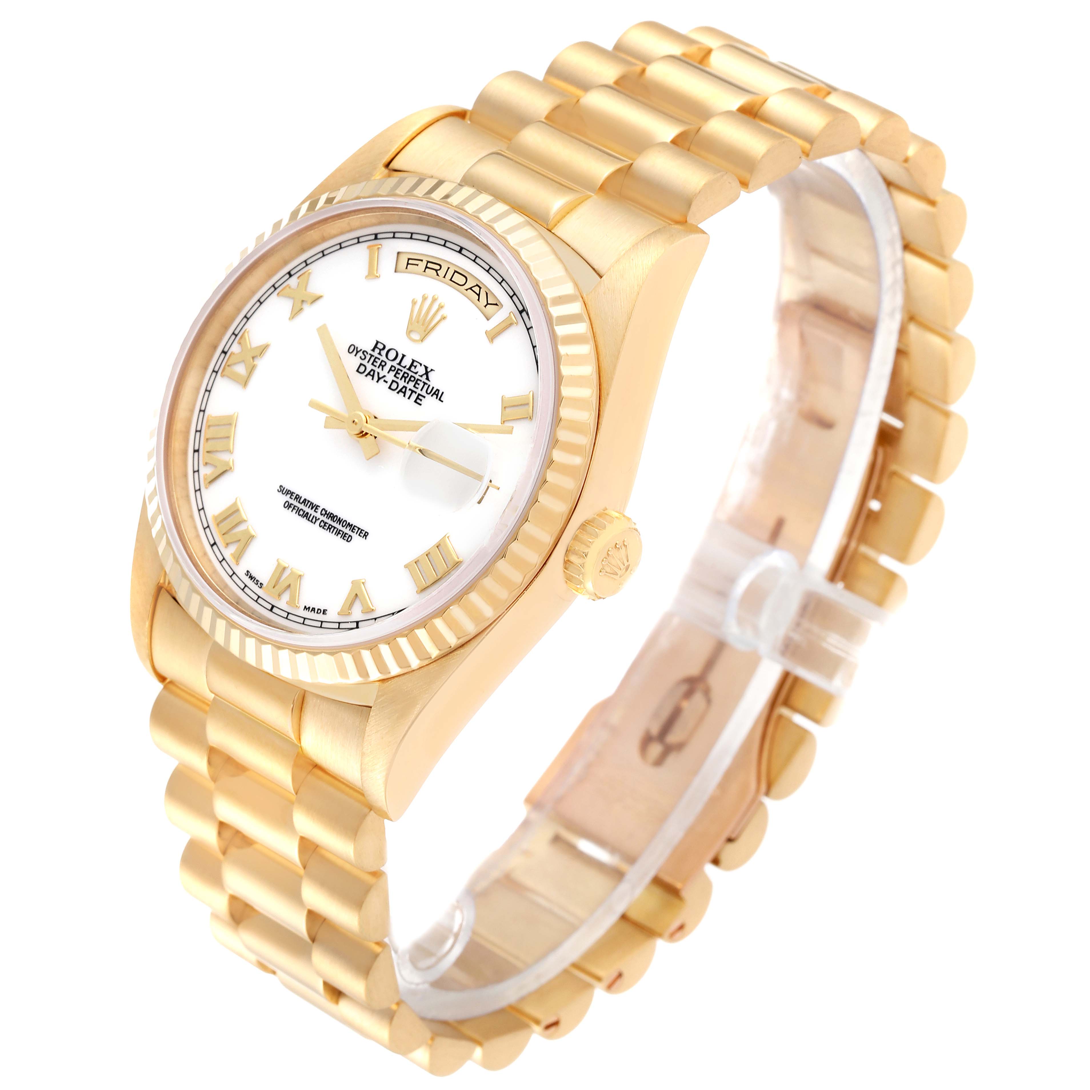 The Rolex President 18238 Men
s Yellow Gold White Dial 18238 Men
s Yellow Gold White Dial model watch is shown at a slight angle, displaying its dial, bezel, crown, and part of its bracelet.