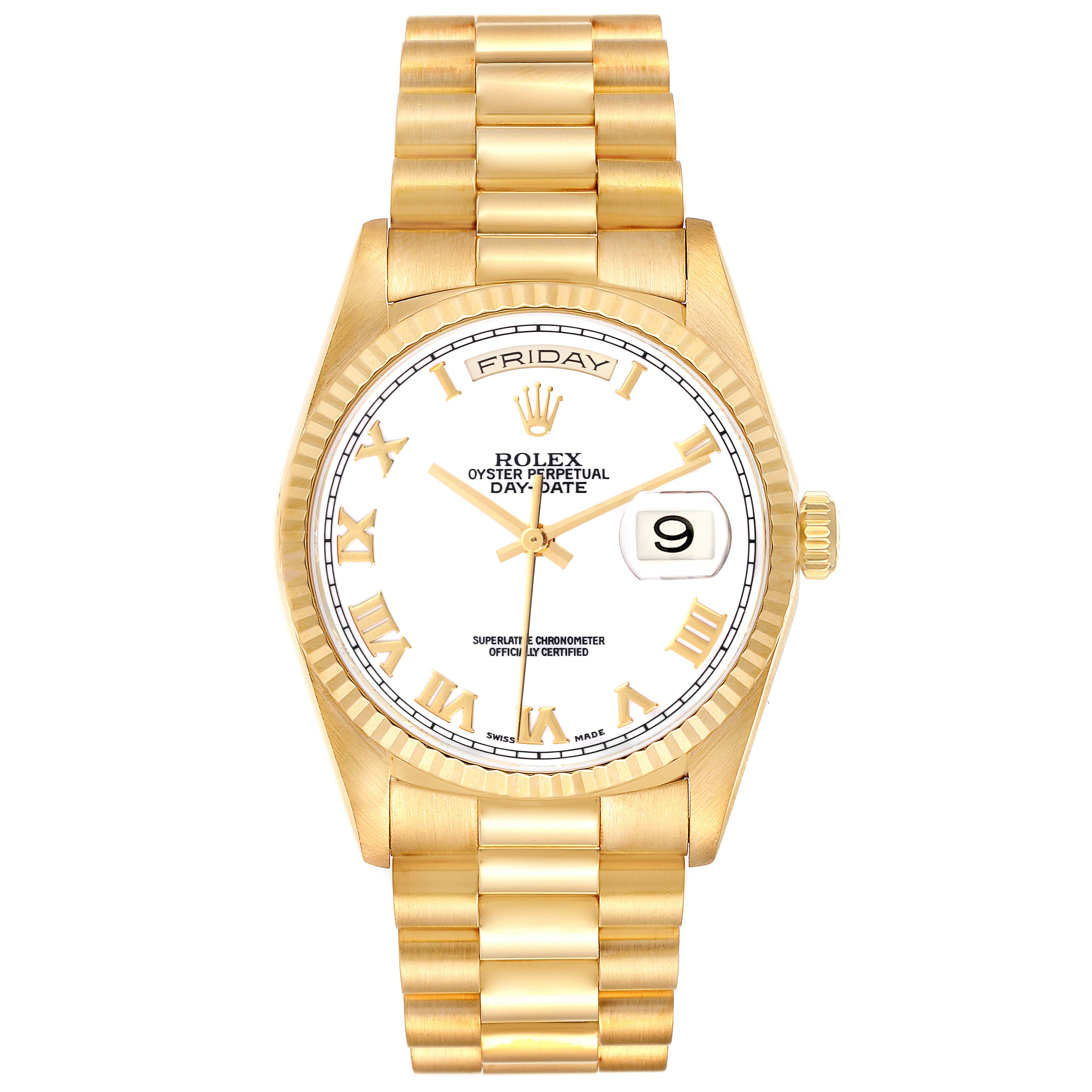 The image shows a frontal view of the Rolex President 18238 Men
s Yellow Gold White Dial 18238 Men
s Yellow Gold White Dial model watch, featuring a gold bracelet, white dial, and date display.