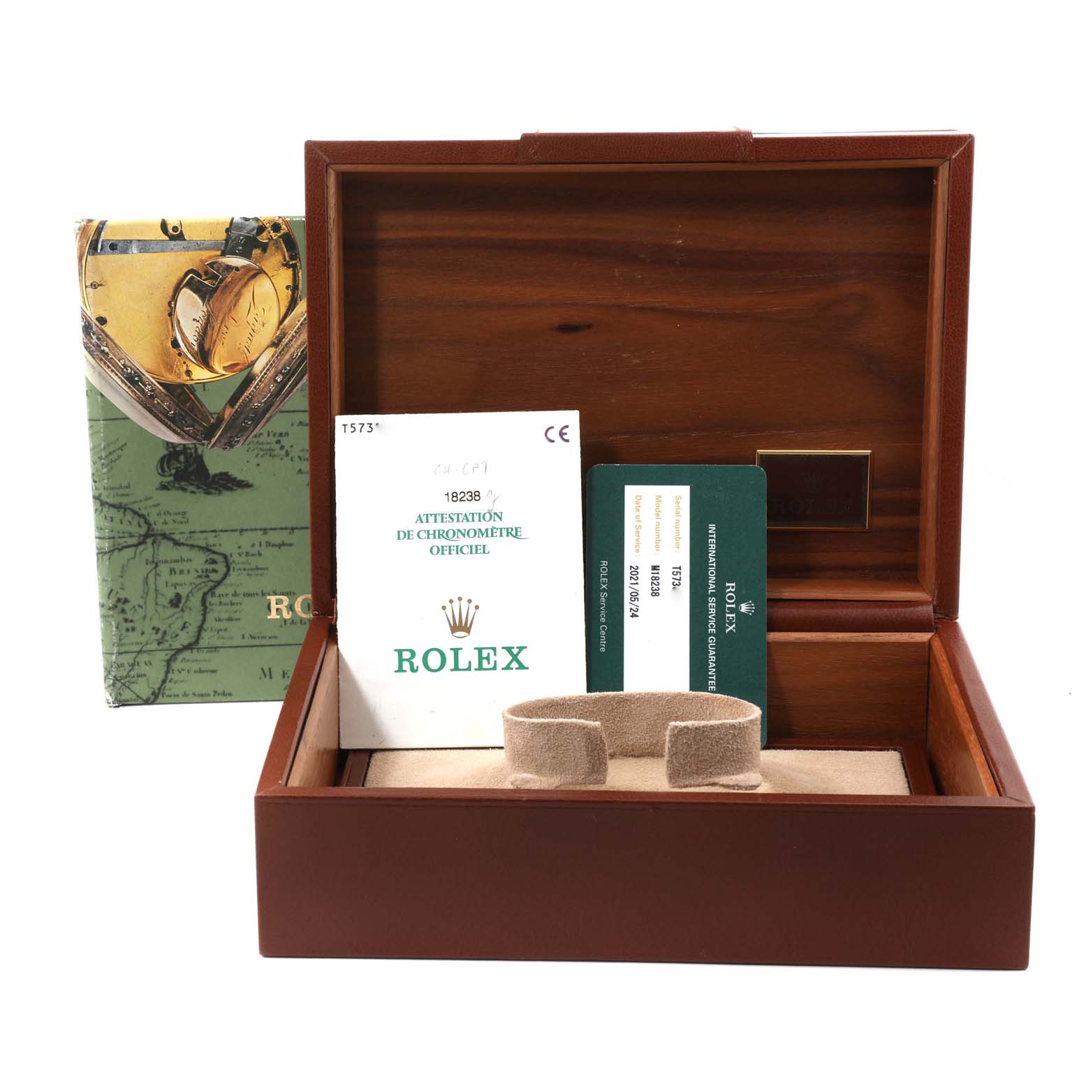 The image shows the opened box and documents for a Rolex President 18238 Men
s Yellow Gold White Dial 18238 Men
s Yellow Gold White Dial model watch, viewed from the front.