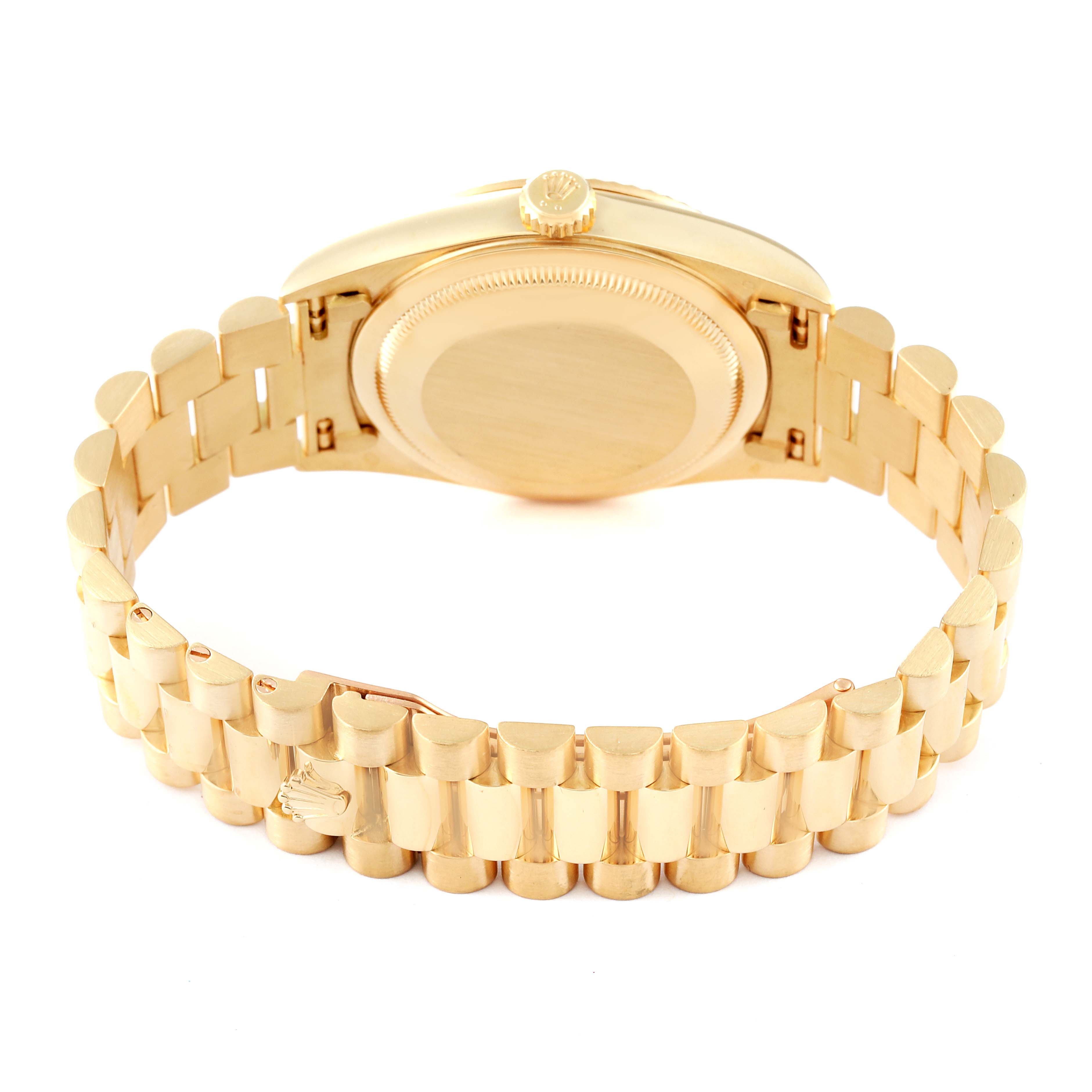 This image shows the back and bracelet of a Rolex President 18238 Men
s Yellow Gold White Dial 18238 Men
s Yellow Gold White Dial model watch at an angle highlighting the case back and crown.