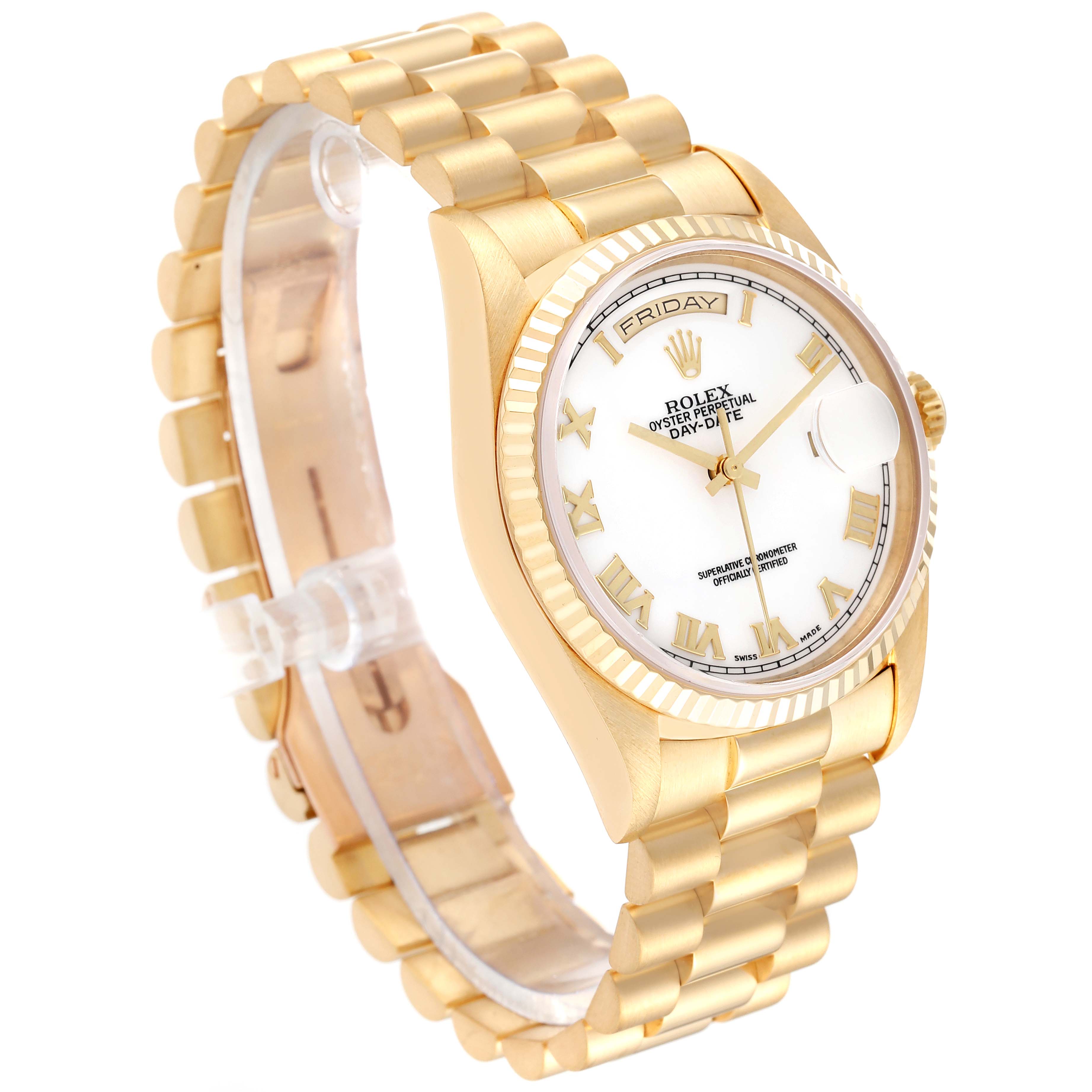 This image shows a Rolex President 18238 Men
s Yellow Gold White Dial 18238 Men
s Yellow Gold White Dial model watch from an angled front view, highlighting its dial, bezel, and gold bracelet.