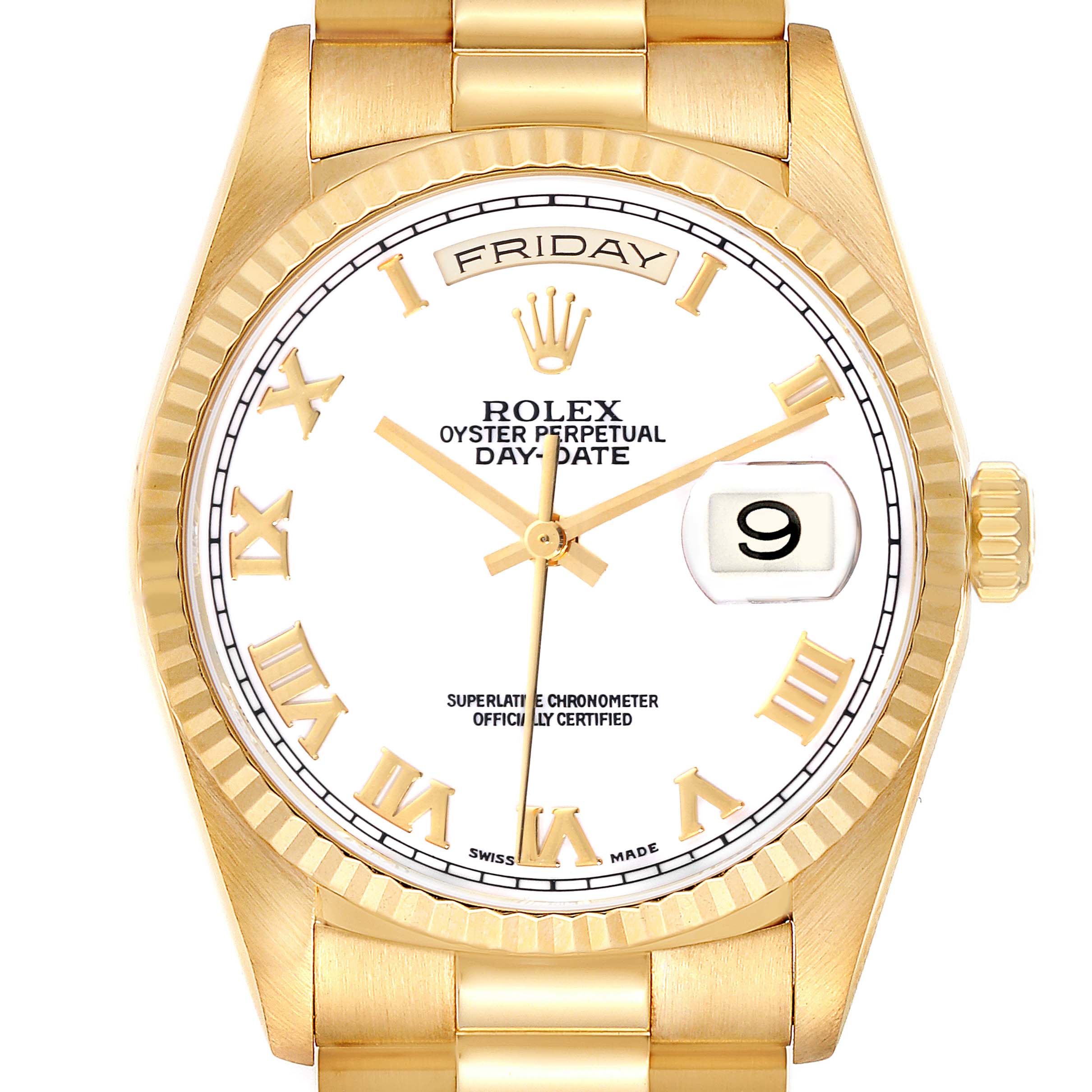 The image shows a Rolex President 18238 Men
s Yellow Gold White Dial 18238 Men
s Yellow Gold White Dial model watch, featuring its gold case, day-date display, Roman numeral markers, and fluted bezel from a front angle.