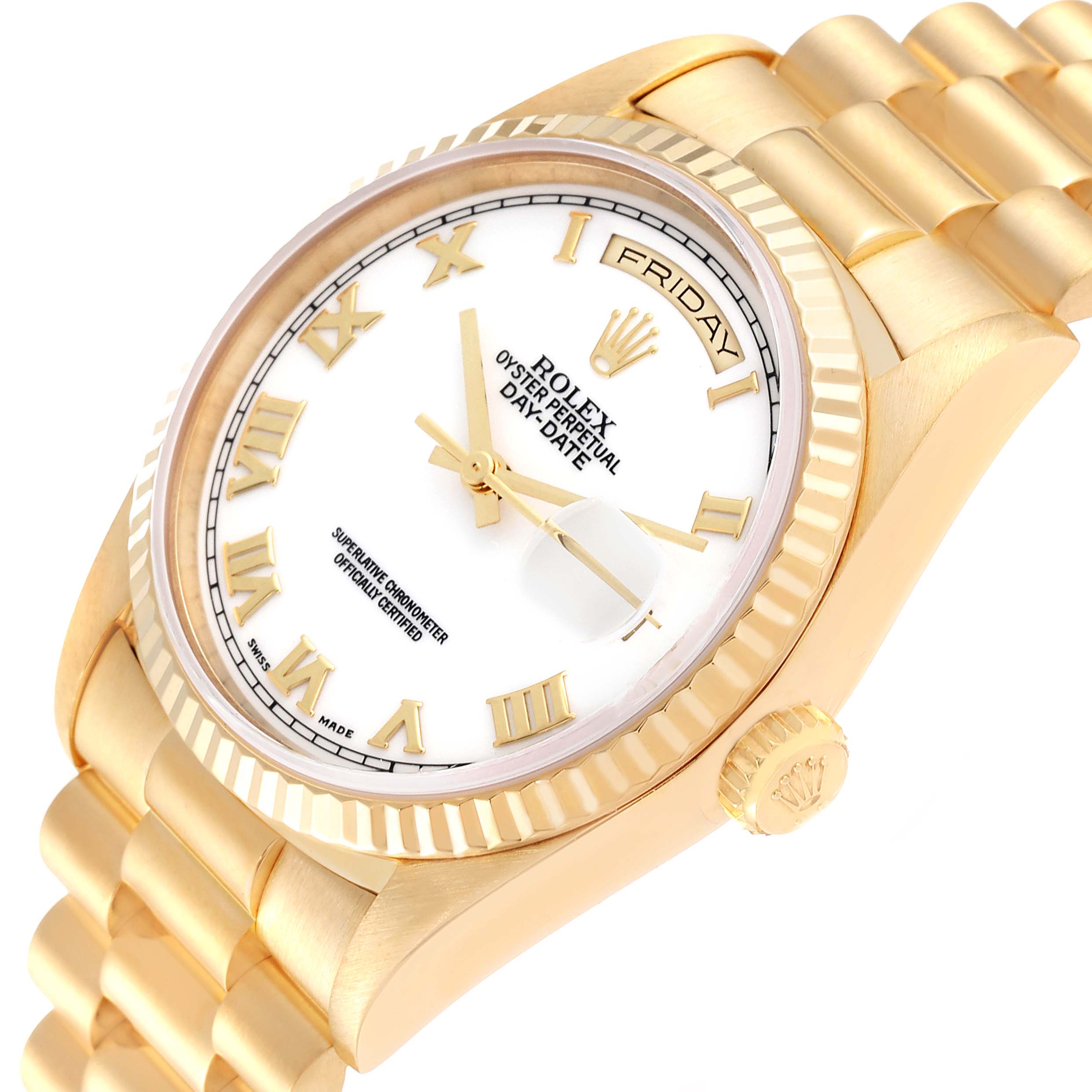 This image shows a close-up angled view of the Rolex President 18238 Men
s Yellow Gold White Dial 18238 Men
s Yellow Gold White Dial model watch, focusing on the dial, bezel, and part of the bracelet.