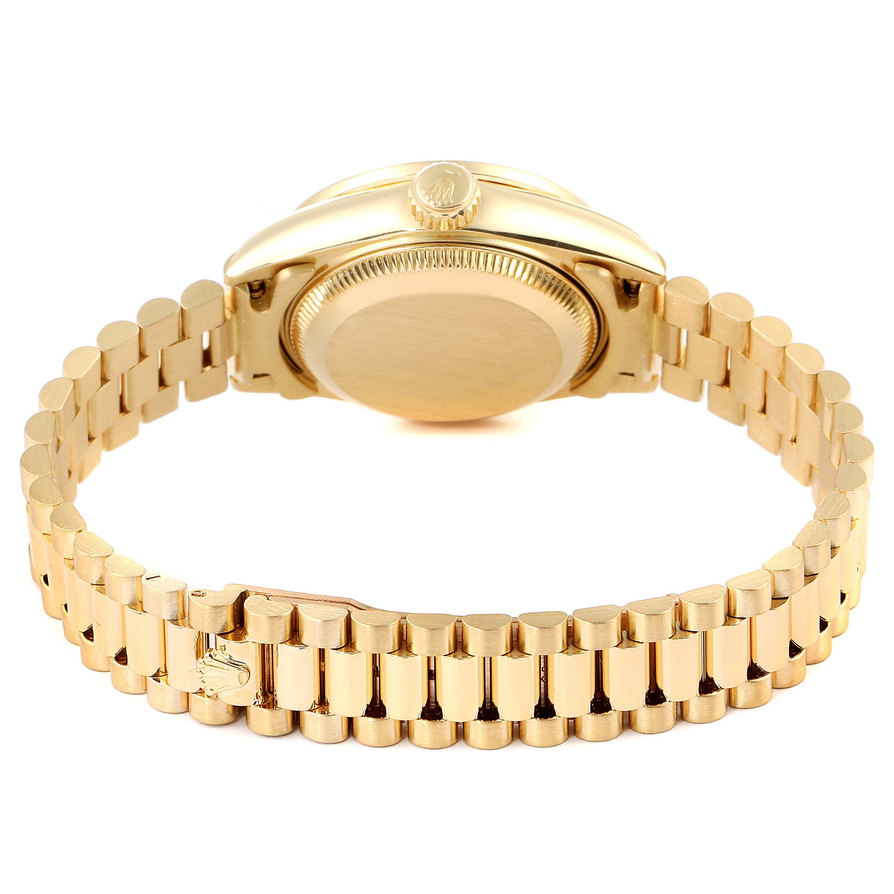 The image shows a rear view of a Rolex President 69178 Women
s Yellow Gold Champagne Dial 69178 Women
s Yellow Gold Champagne Dial model watch, highlighting its bracelet, case back, and crown.