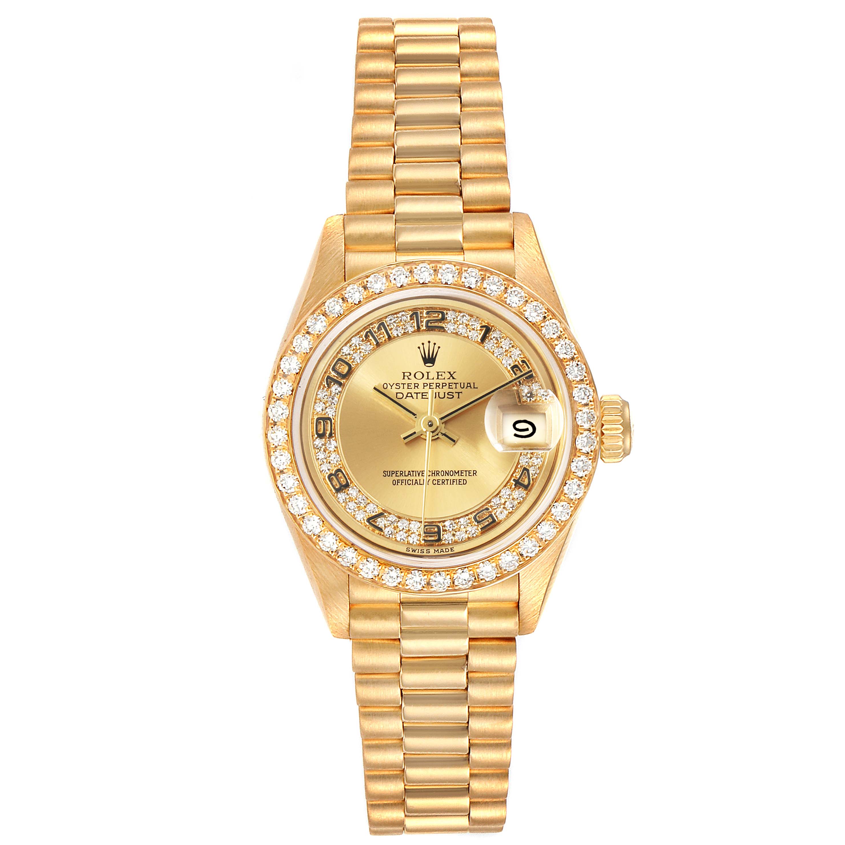 The image shows a front view of a Rolex President 69178 Women
s Yellow Gold Champagne Dial 69178 Women
s Yellow Gold Champagne Dial model watch, highlighting its gold case, bracelet, and diamond-encrusted bezel.