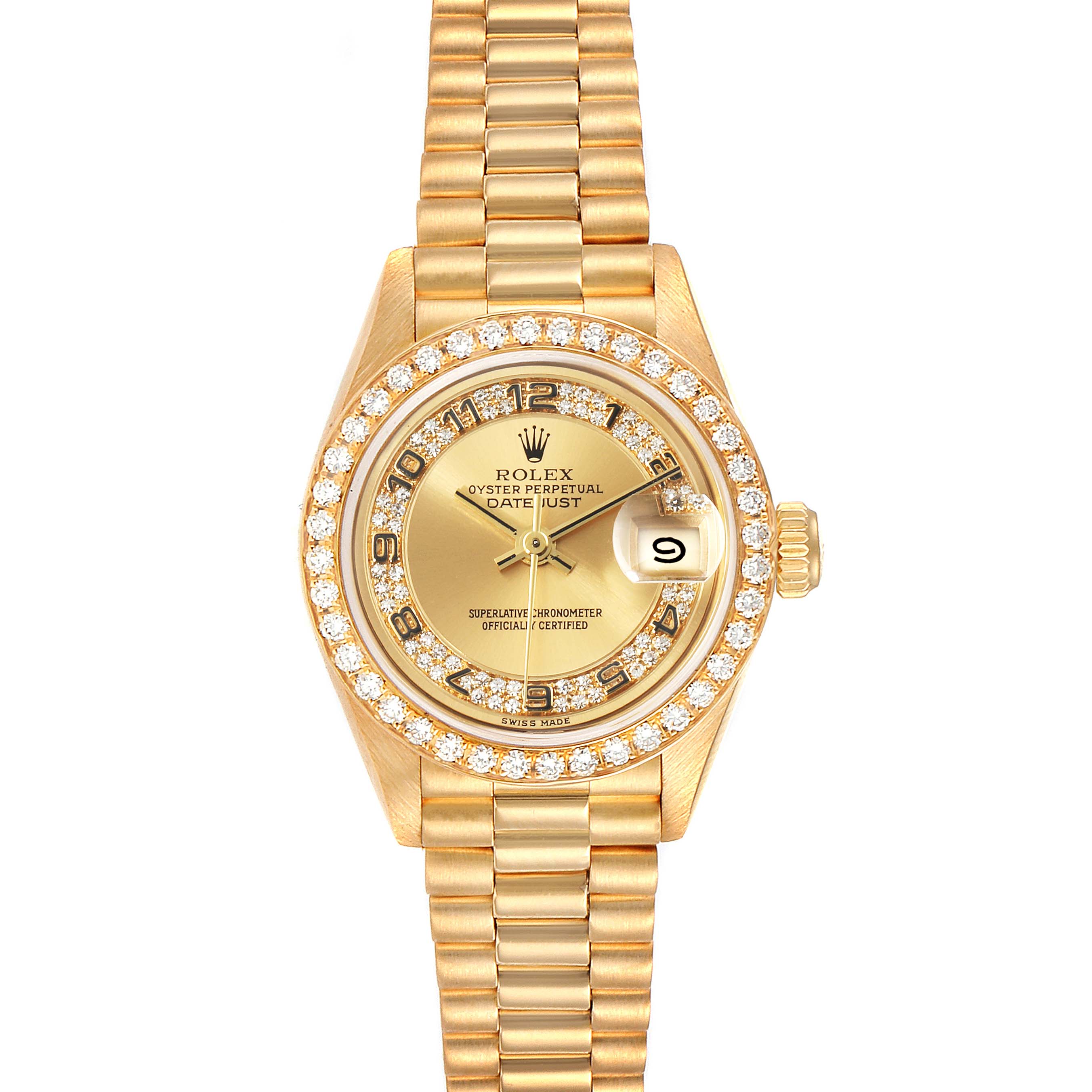 This image shows a Rolex President 69178 Women
s Yellow Gold Champagne Dial 69178 Women
s Yellow Gold Champagne Dial model watch from an overhead angle, displaying the dial, bezel, and bracelet.