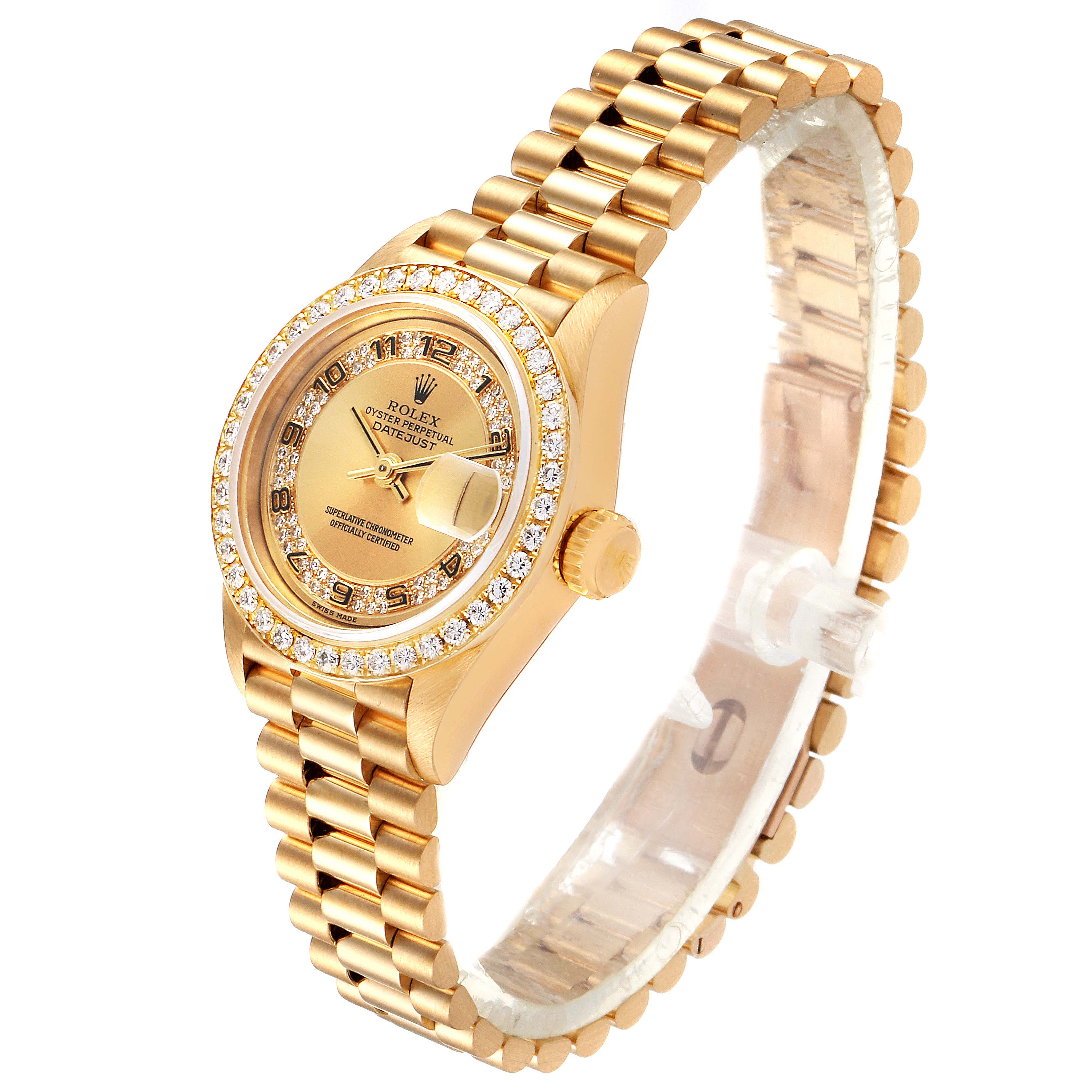 The Rolex President 69178 Women
s Yellow Gold Champagne Dial 69178 Women
s Yellow Gold Champagne Dial model is shown at an angle displaying the watch face, bezel, crown, and part of the bracelet.