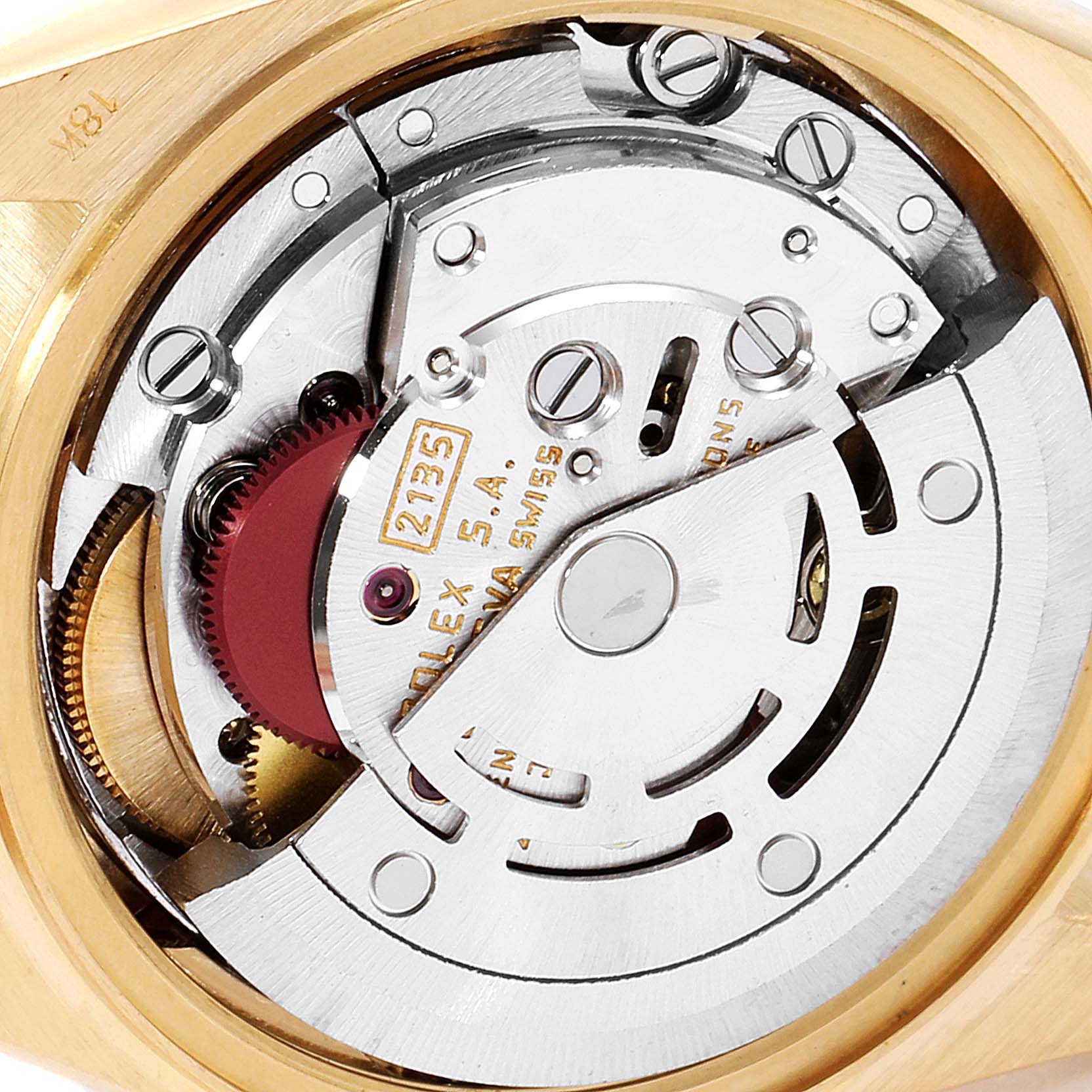 The image shows the internal mechanical movement parts of a Rolex President 69178 Women
s Yellow Gold Champagne Dial 69178 Women
s Yellow Gold Champagne Dial model watch viewed from the back.