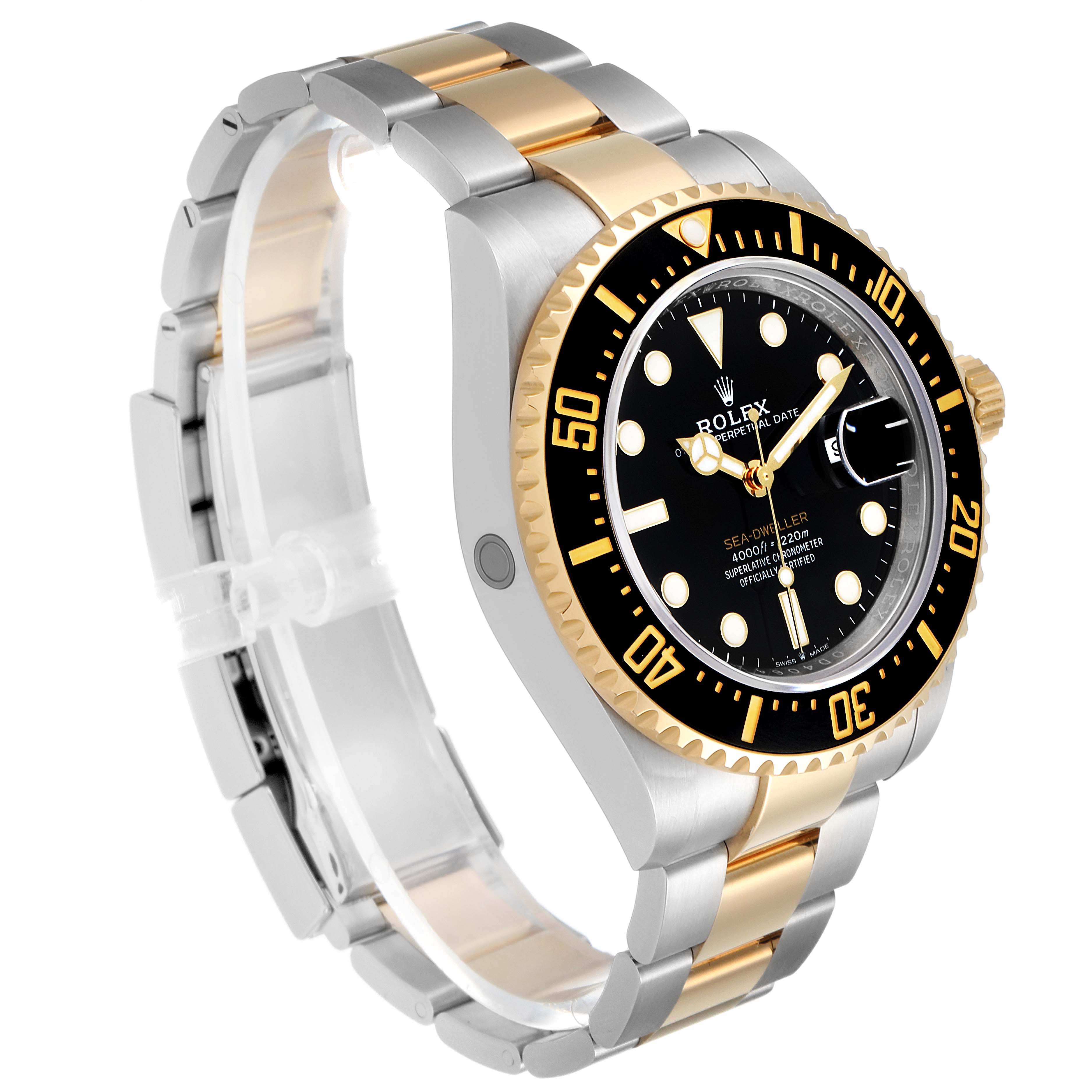 The image shows a side and front angle of the Rolex Sea-Dweller 126603 Men
s Steel and Gold (two tone) Black Dial 126603 Men
s Steel and Gold (two tone) Black Dial watch, highlighting its bezel, dial, and two-tone bracelet.