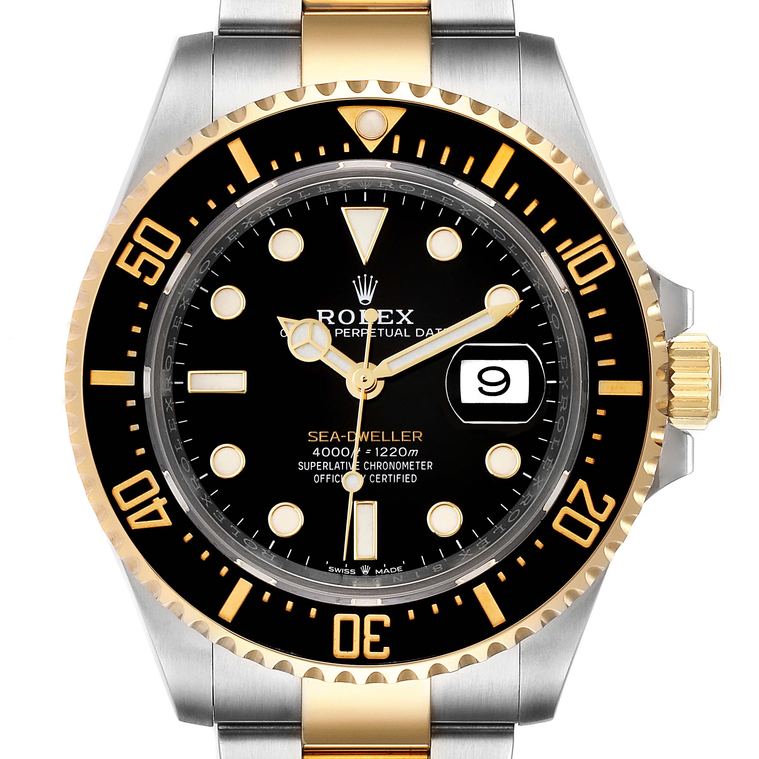 The image shows a front view of a Rolex Sea-Dweller 126603 Men
s Steel and Gold (two tone) Black Dial 126603 Men
s Steel and Gold (two tone) Black Dial watch, highlighting its black dial, date display, and two-tone bezel and bracelet.