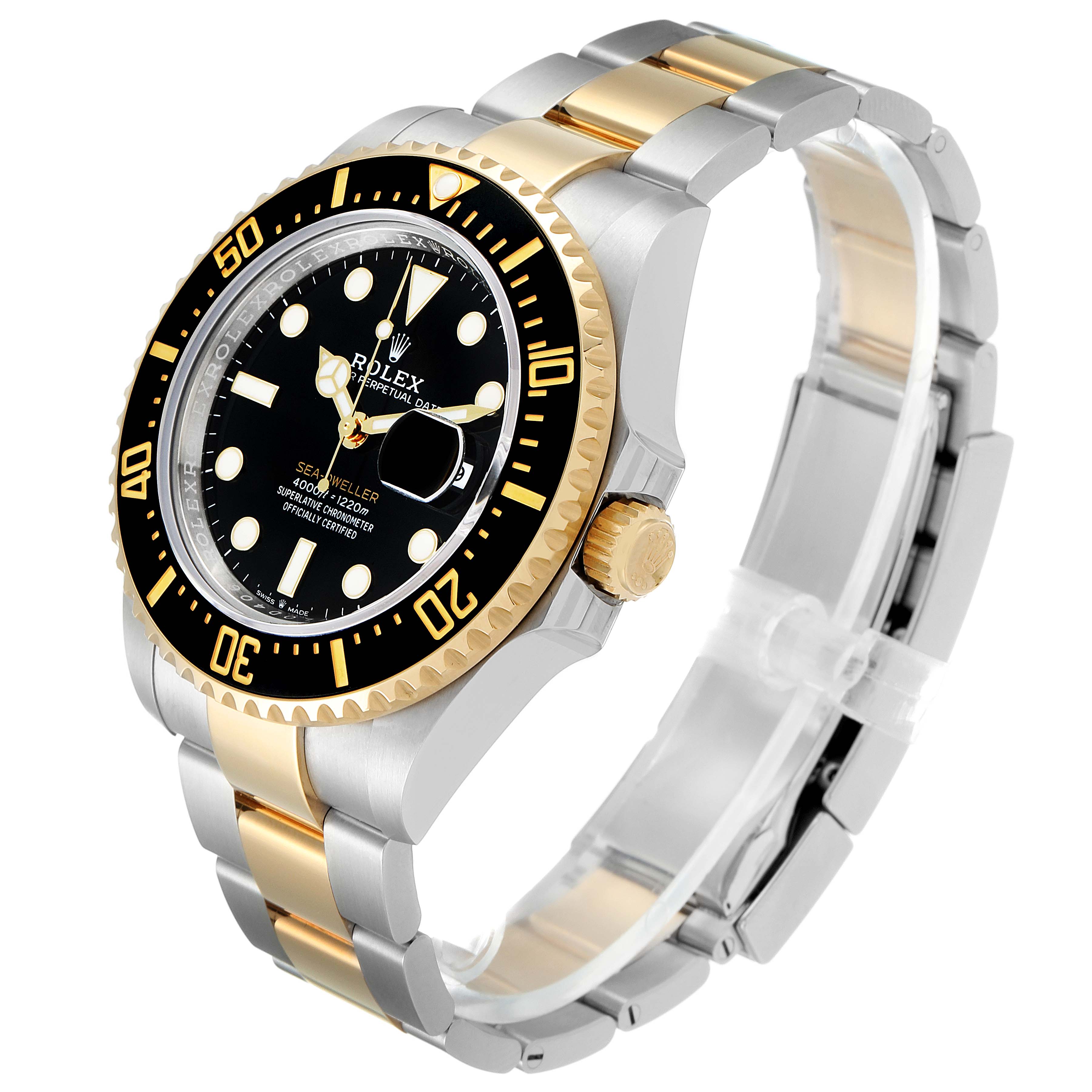 The image shows a Rolex Sea-Dweller 126603 Men
s Steel and Gold (two tone) Black Dial 126603 Men
s Steel and Gold (two tone) Black Dial watch at an angled view, highlighting the bezel, dial, crown, and bracelet.