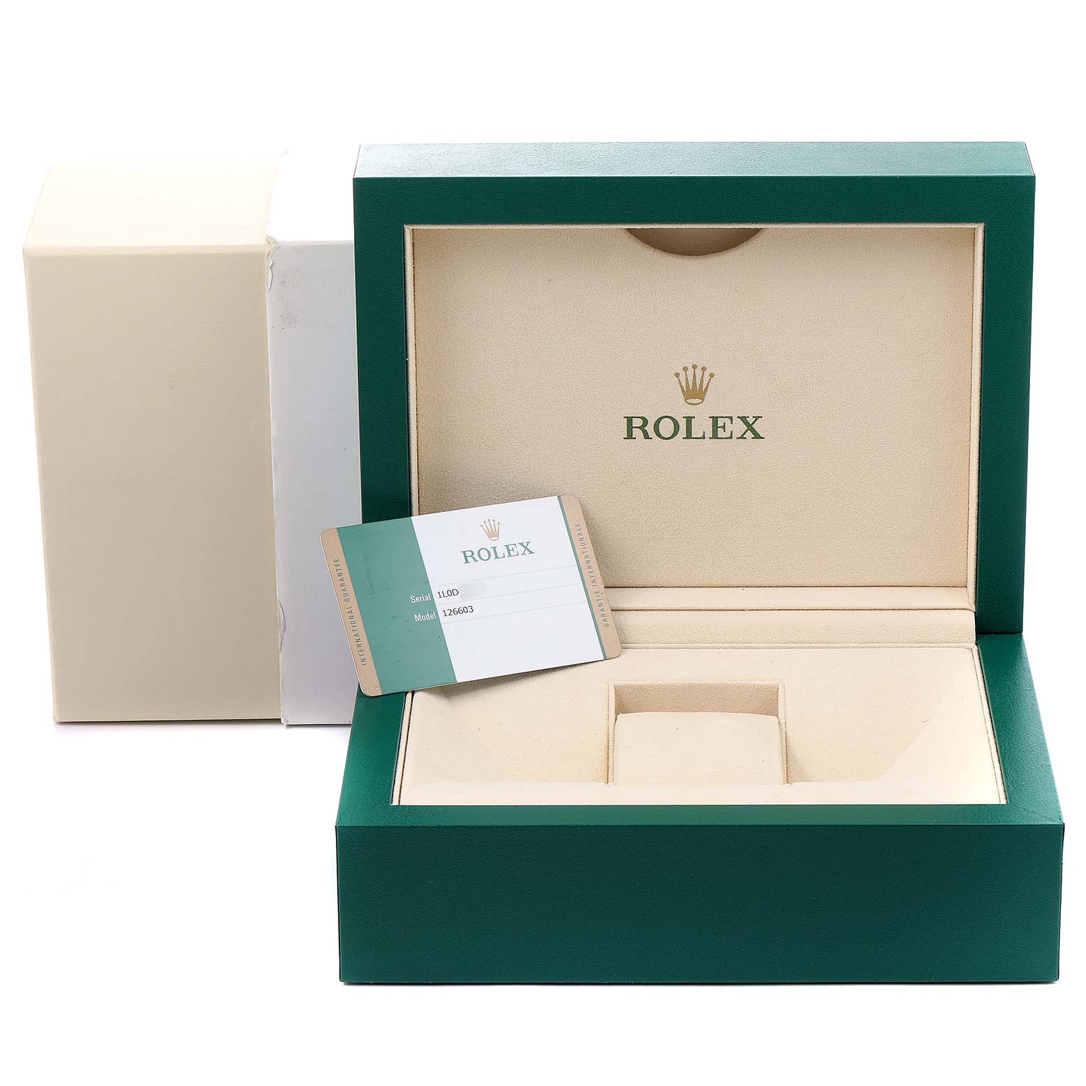 The image shows the packaging box and warranty card for a Rolex Sea-Dweller 126603 Men
s Steel and Gold (two tone) Black Dial 126603 Men
s Steel and Gold (two tone) Black Dial watch, with the box open.