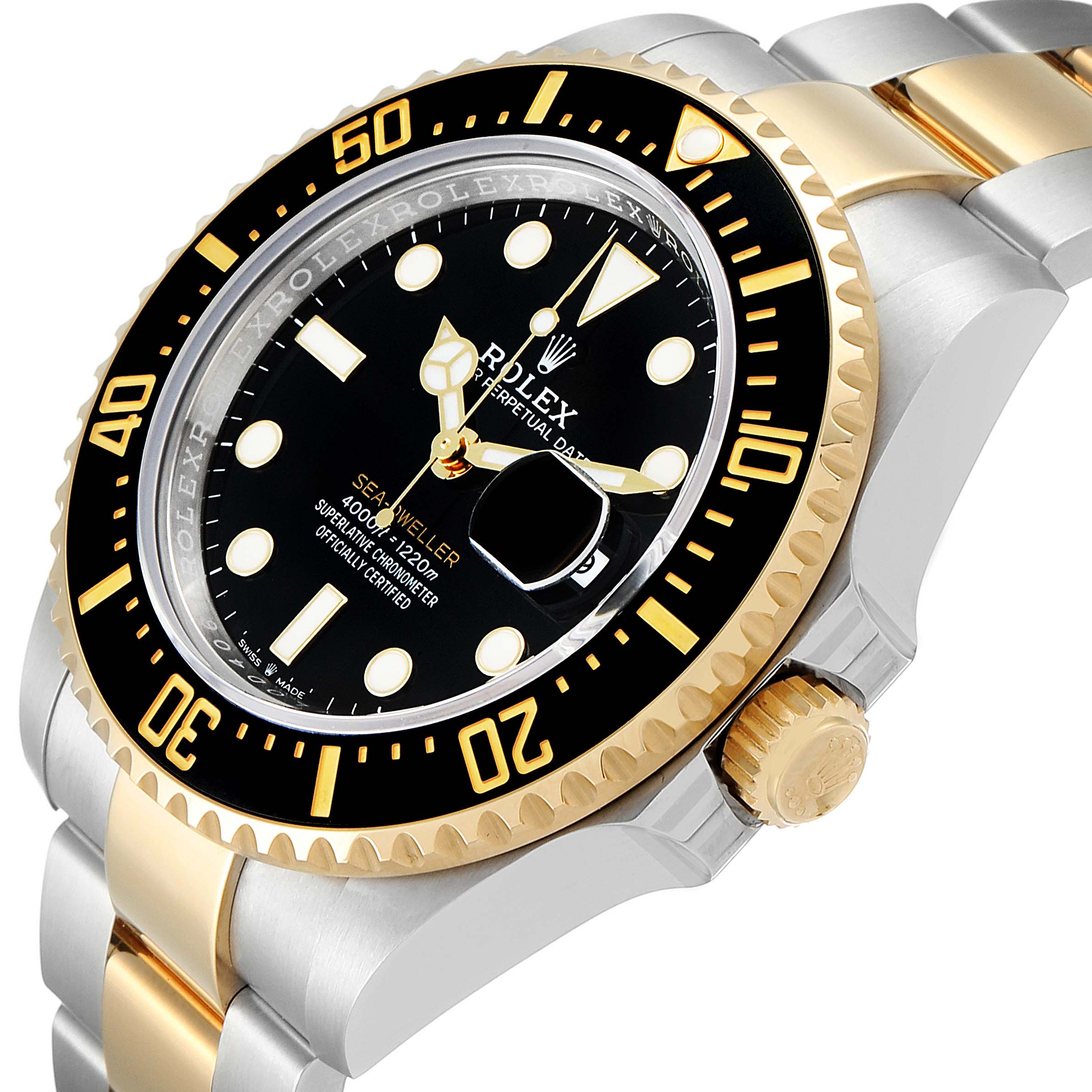 The Rolex Sea-Dweller 126603 Men
s Steel and Gold (two tone) Black Dial 126603 Men
s Steel and Gold (two tone) Black Dial watch is shown at an angled close-up, highlighting its dial, bezel, crown, and part of the bracelet.