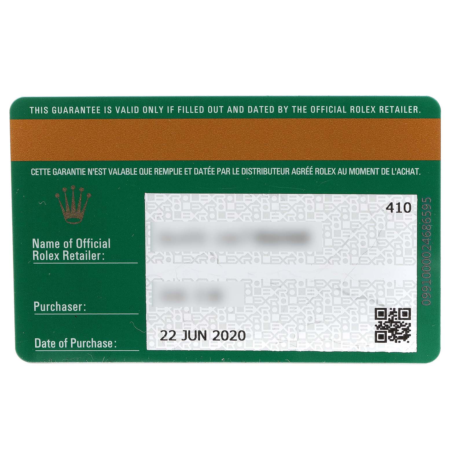 This is a warranty card for a Rolex Sea-Dweller 126603 Men
s Steel and Gold (two tone) Black Dial 126603 Men
s Steel and Gold (two tone) Black Dial watch, showing the retail information, purchase date, and serial number.