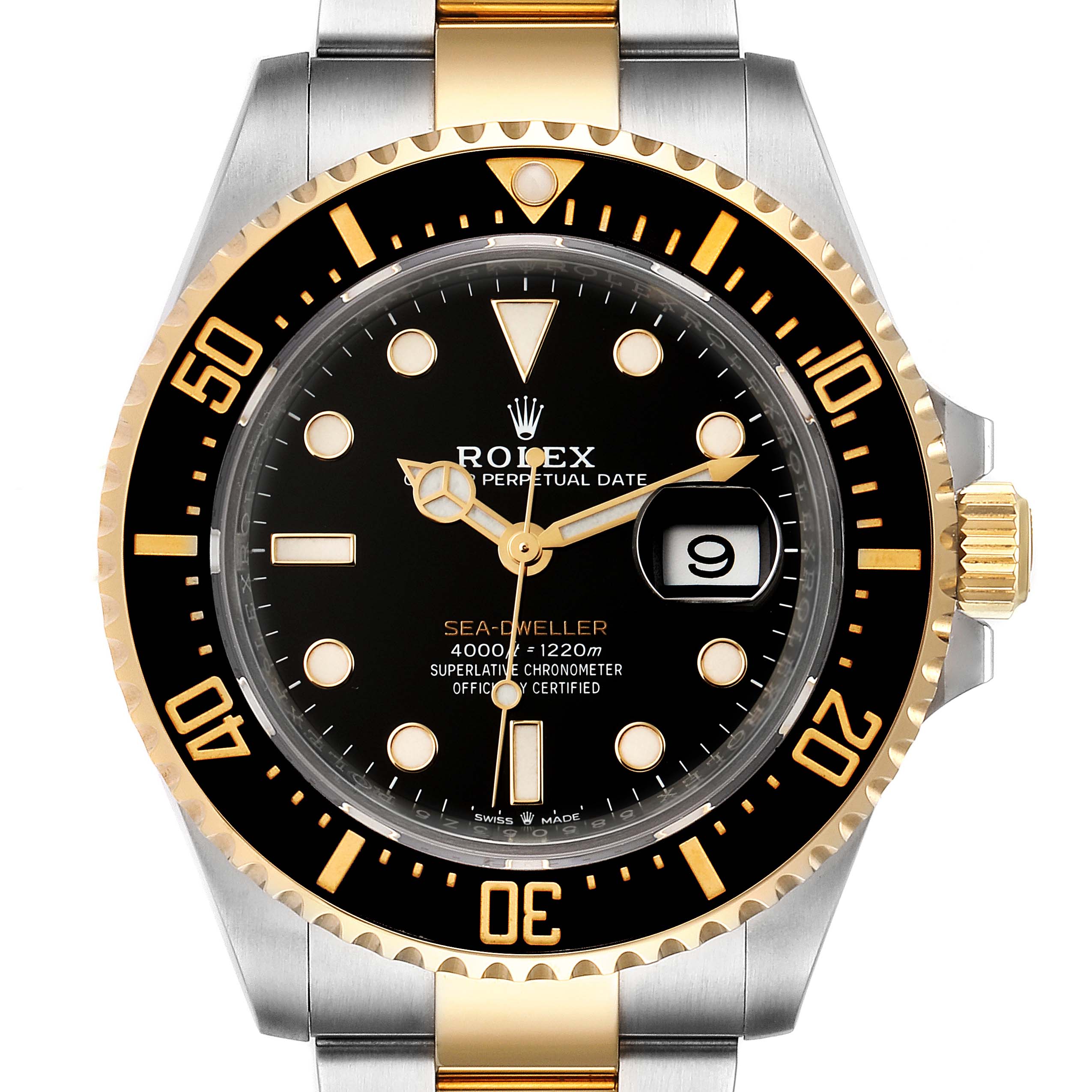 The image shows a front view of the Rolex Sea-Dweller 126603 Men
s Steel and Gold (two tone) Black Dial 126603 Men
s Steel and Gold (two tone) Black Dial watch, displaying its black dial, date window, and two-tone bezel and strap.
