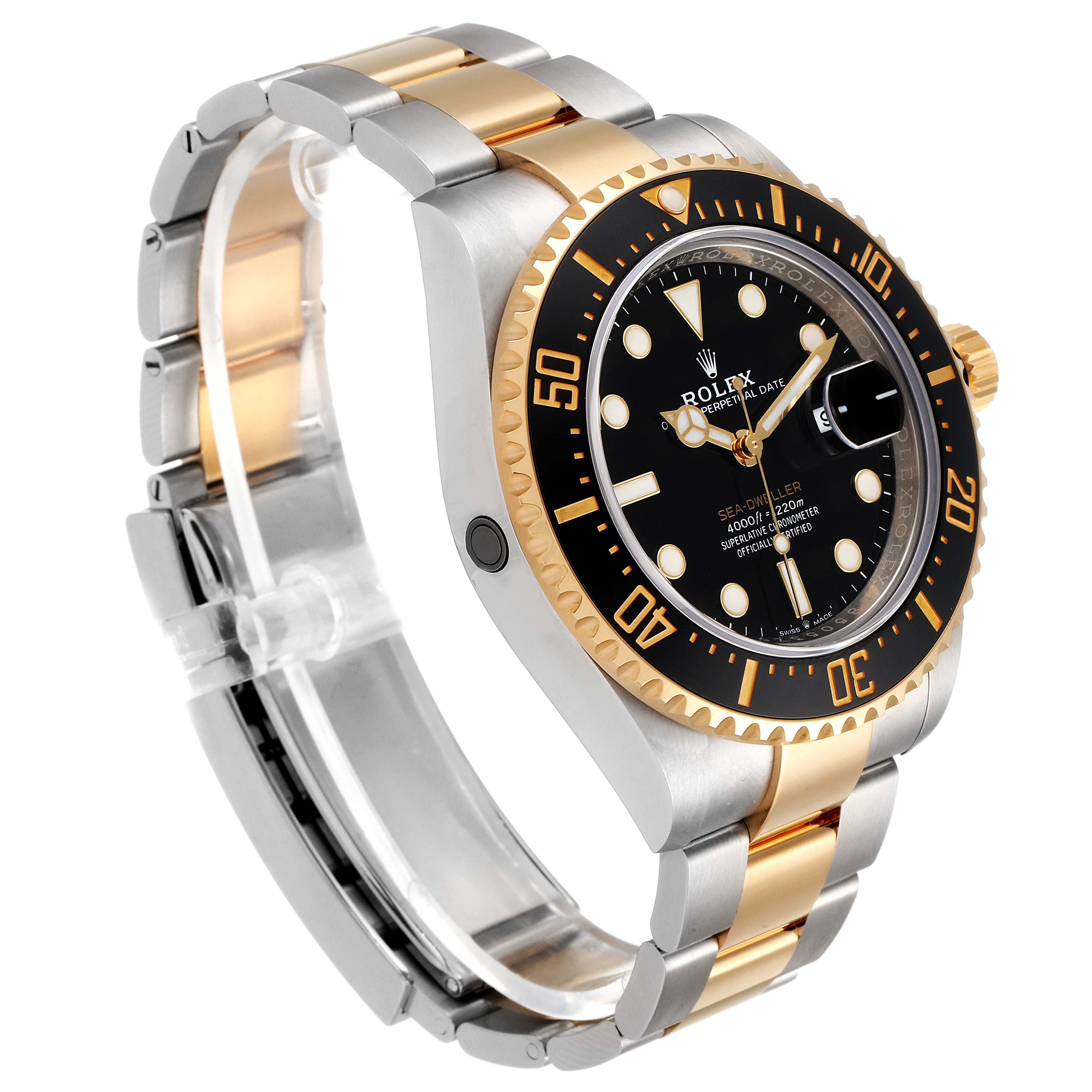 This image shows a side-angle view of the Rolex Sea-Dweller 126603 Men
s Steel and Gold (two tone) Black Dial 126603 Men
s Steel and Gold (two tone) Black Dial watch, highlighting its bezel, dial, and bracelet.