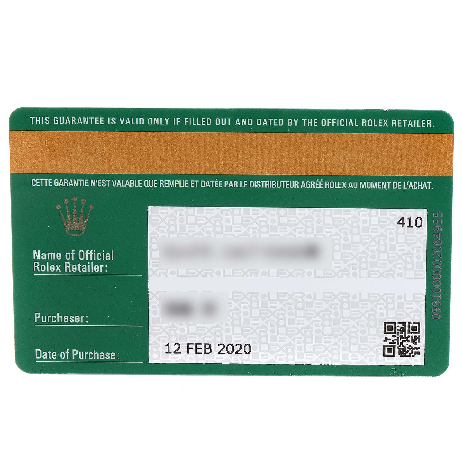 This image shows the guarantee card for a Rolex Sea-Dweller 126603 Men
s Steel and Gold (two tone) Black Dial 126603 Men
s Steel and Gold (two tone) Black Dial, displaying date, retailer
s name, and purchase details.