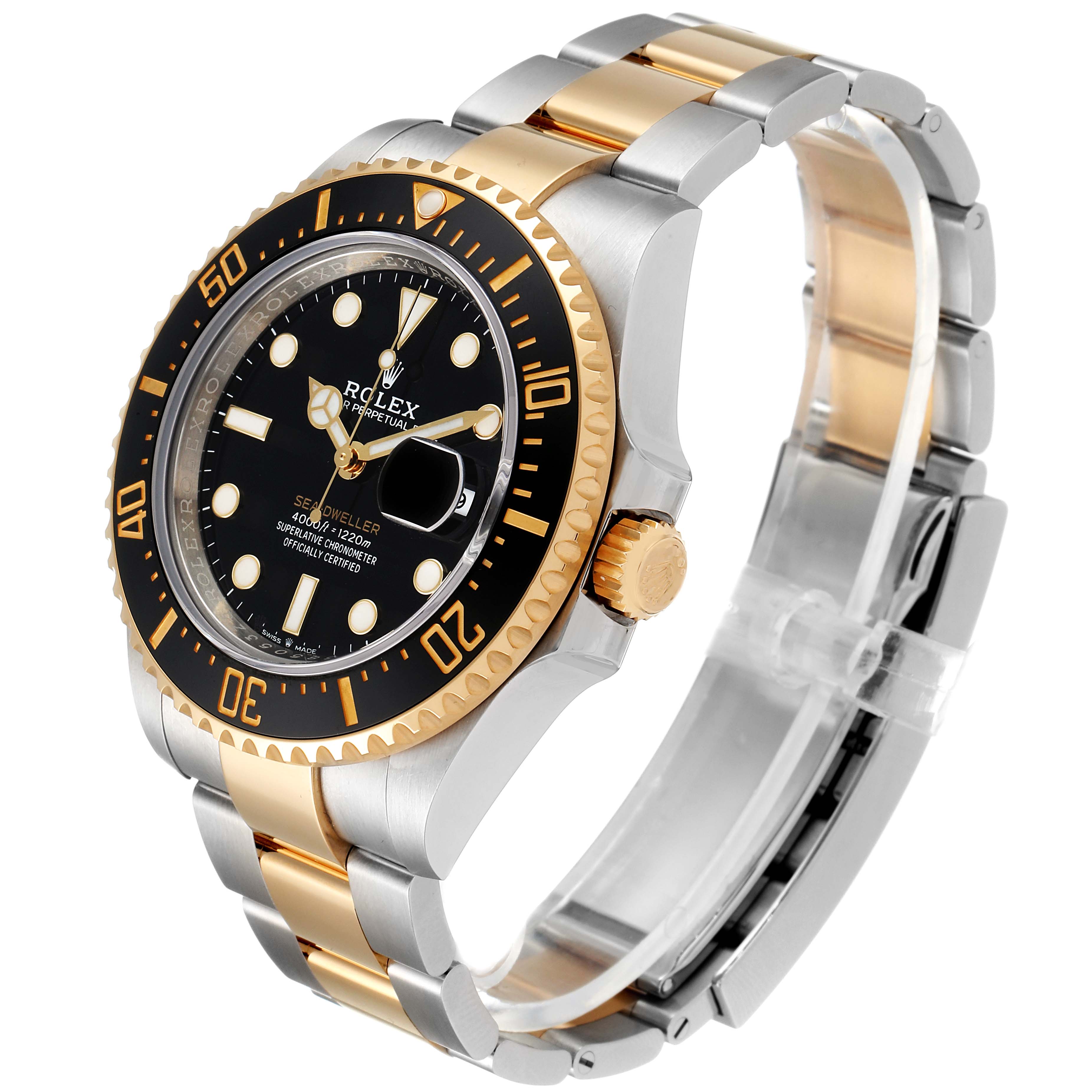 This image shows a Rolex Sea-Dweller 126603 Men
s Steel and Gold (two tone) Black Dial 126603 Men
s Steel and Gold (two tone) Black Dial watch at an angle highlighting its black dial, gold bezel, and two-toned bracelet.
