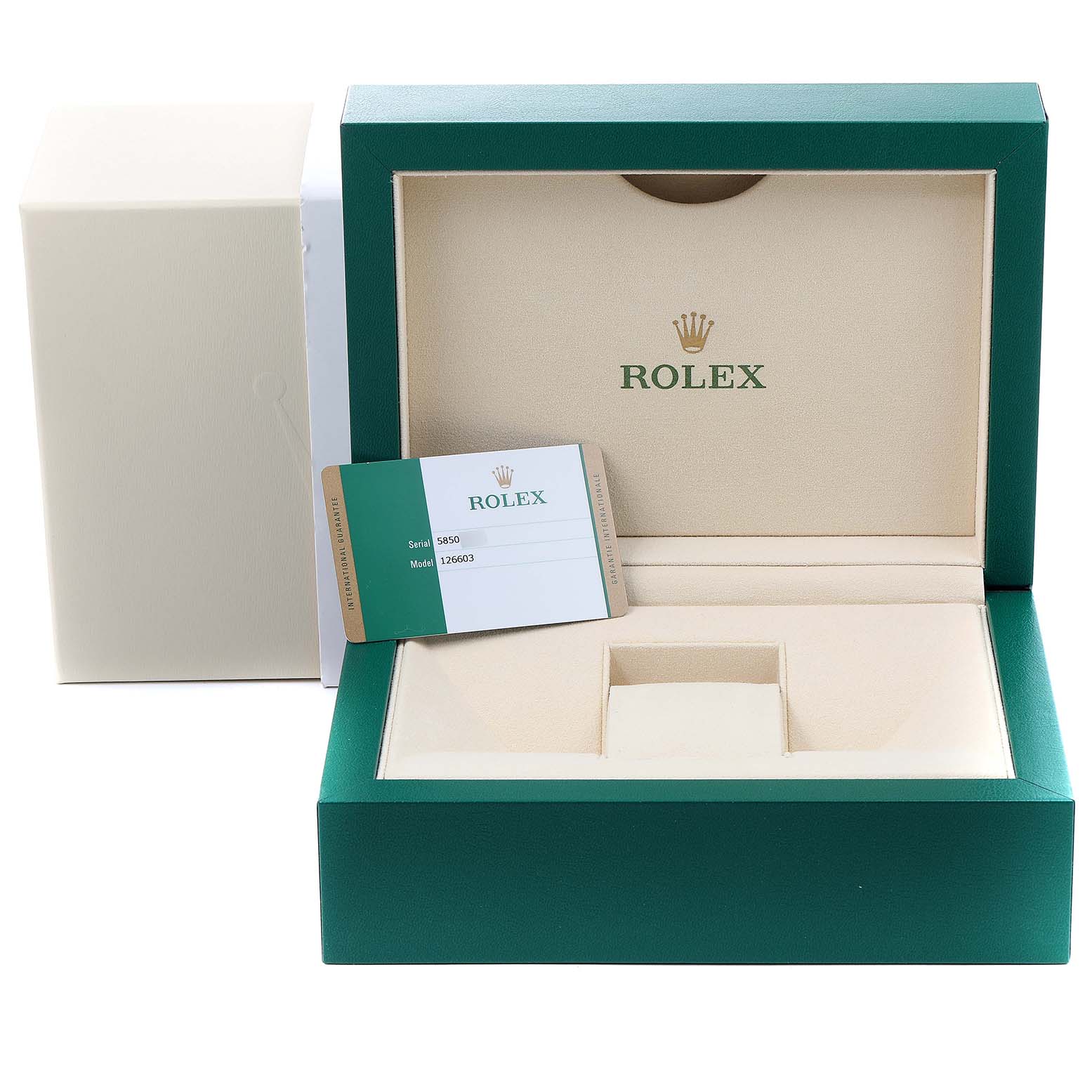 The image shows an open Rolex Sea-Dweller 126603 Men
s Steel and Gold (two tone) Black Dial 126603 Men
s Steel and Gold (two tone) Black Dial watch box with a warranty card inside.