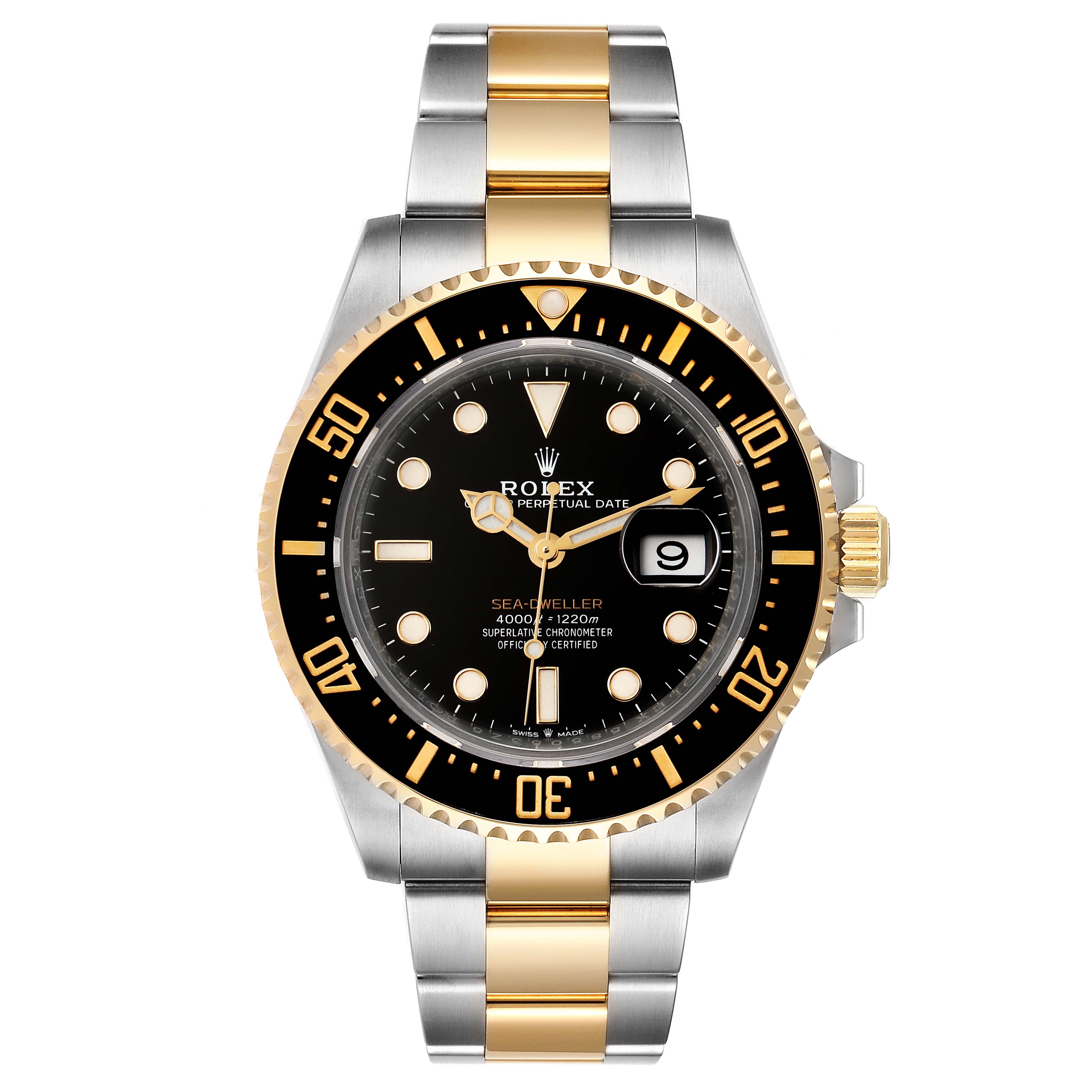 This image shows a front view of the Rolex Sea-Dweller 126603 Men
s Steel and Gold (two tone) Black Dial 126603 Men
s Steel and Gold (two tone) Black Dial watch, highlighting the dial, bezel, case, and bracelet.