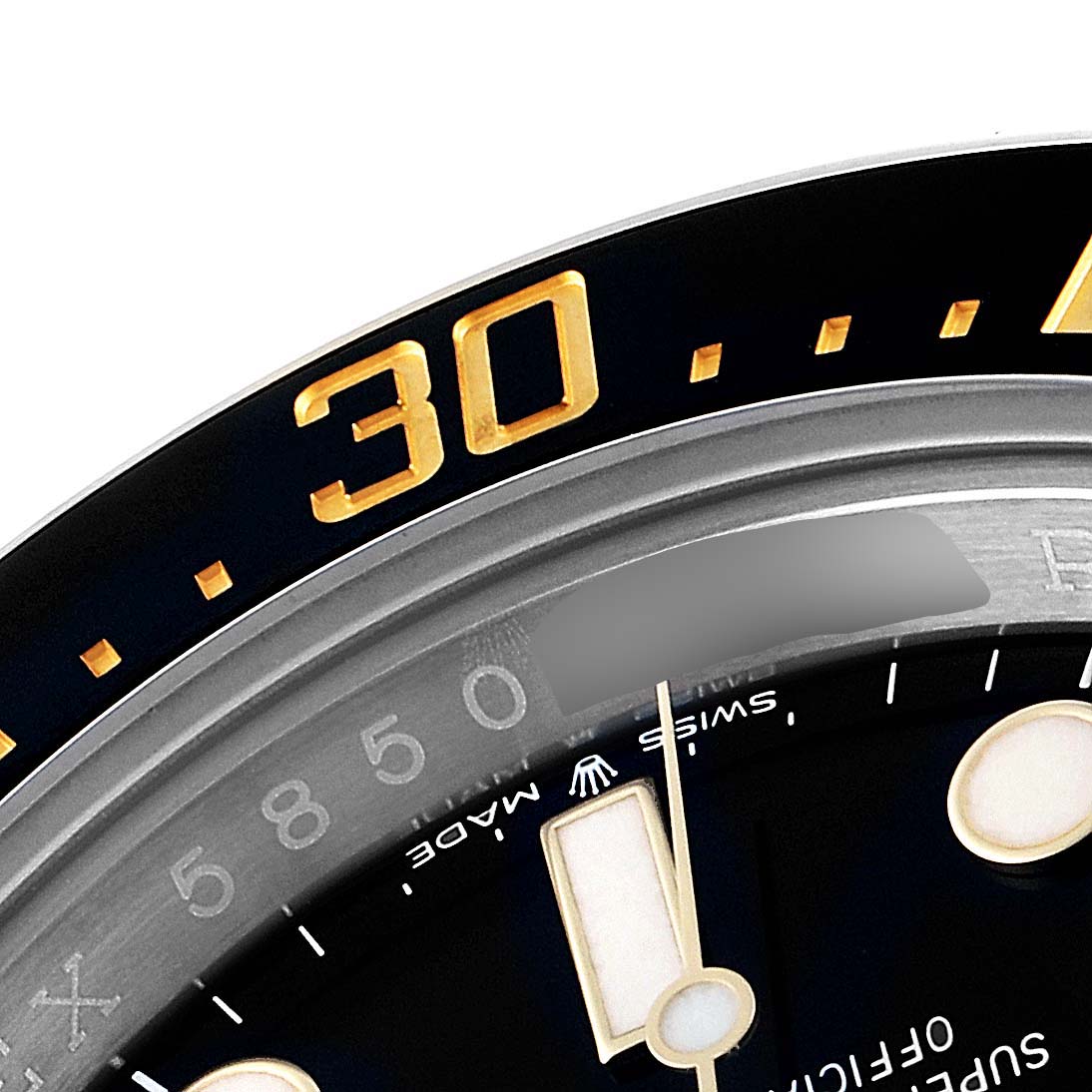The image shows a close-up of the bezel and part of the dial of a Rolex Sea-Dweller 126603 Men
s Steel and Gold (two tone) Black Dial 126603 Men
s Steel and Gold (two tone) Black Dial watch, highlighting the "30" marker.