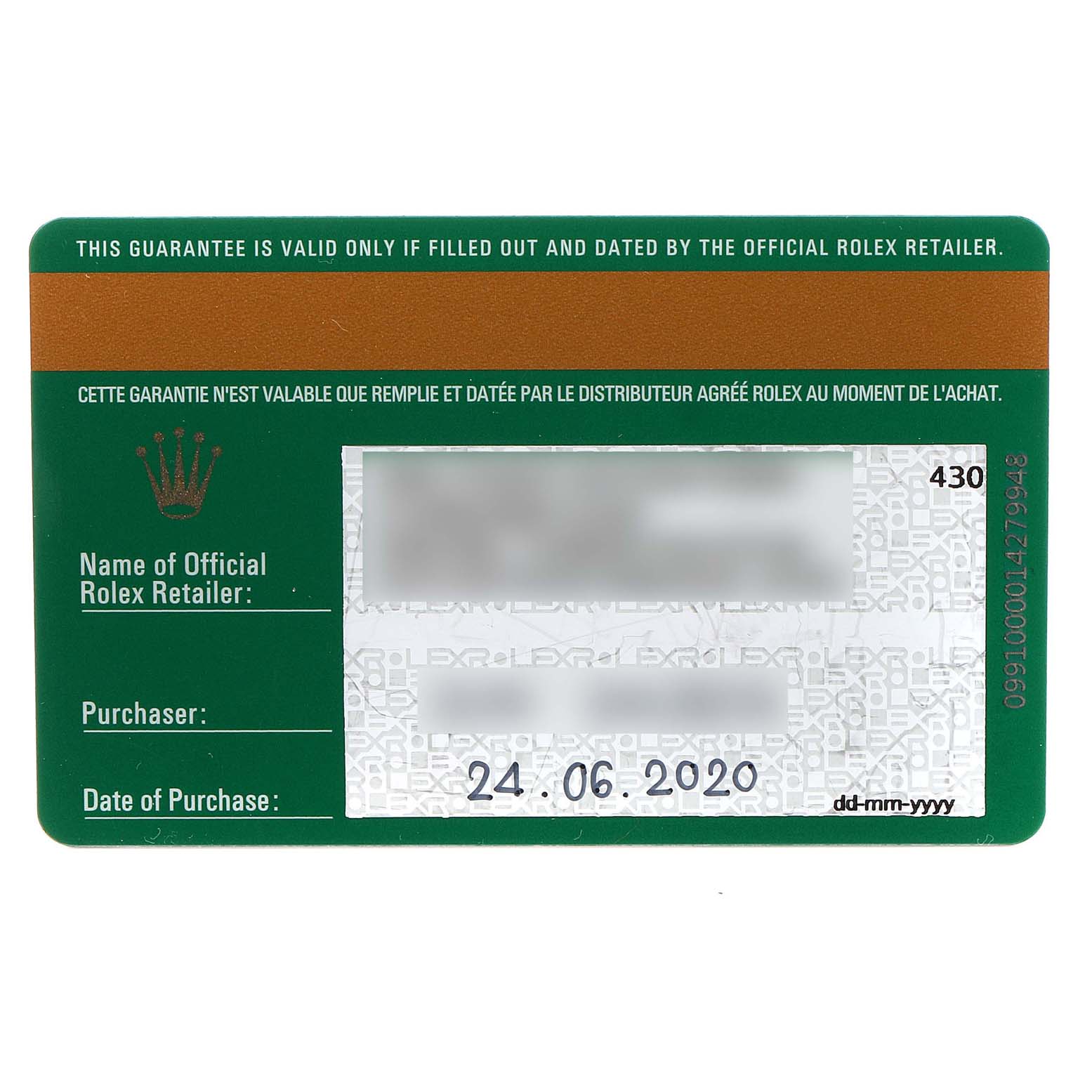 This image shows a guarantee card for the Rolex Sea-Dweller 126660 Men
s Stainless Steel Blue Dial 126660 Men
s Stainless Steel Blue Dial watch, featuring purchase details and branding.