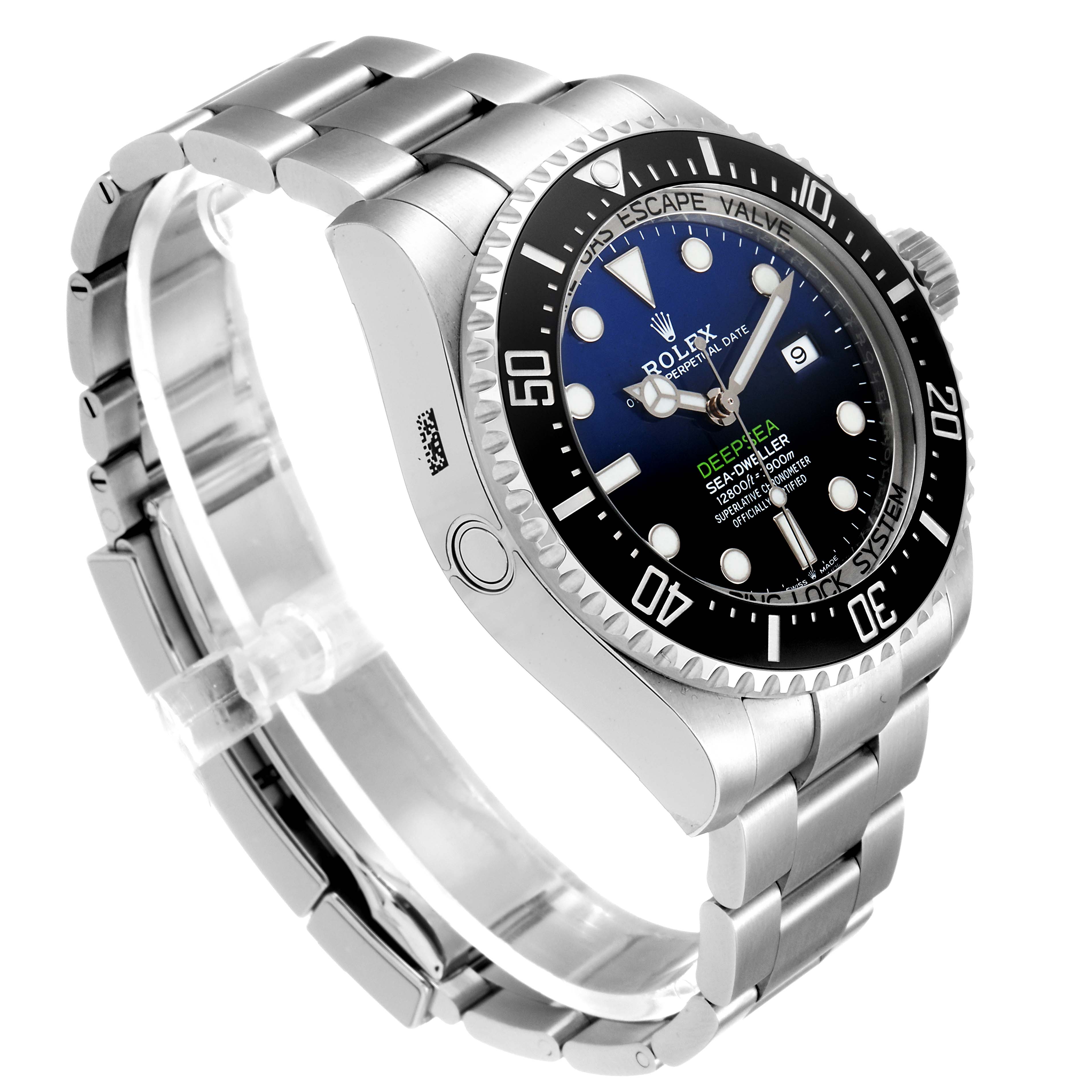 This image shows a side angle of the Rolex Sea-Dweller 126660 Men
s Stainless Steel Blue Dial 126660 Men
s Stainless Steel Blue Dial watch, displaying the case, bezel, bracelet, and dial.