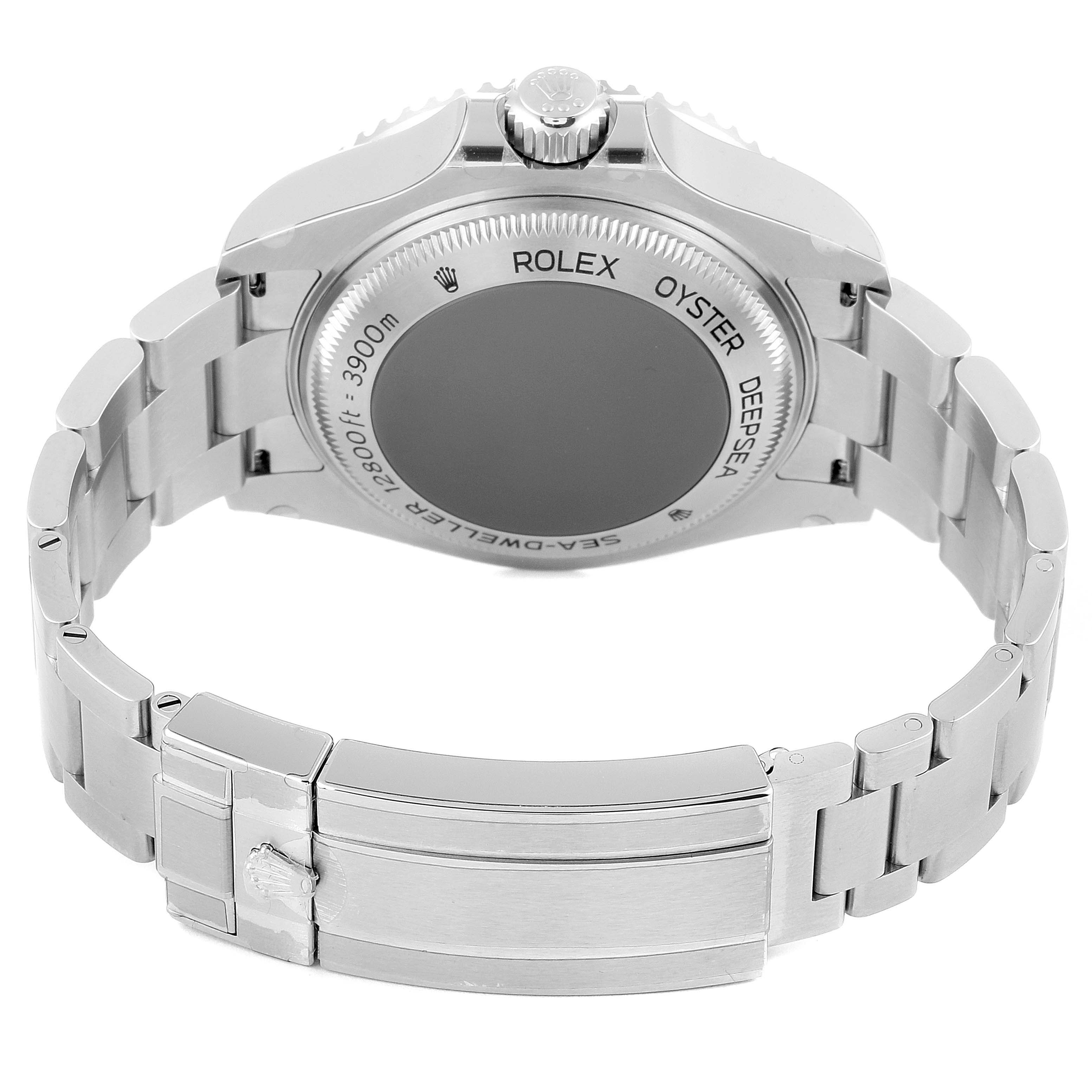 The Rolex Sea-Dweller 126660 Men
s Stainless Steel Blue Dial 126660 Men
s Stainless Steel Blue Dial watch is shown from the back, highlighting the case back and bracelet.