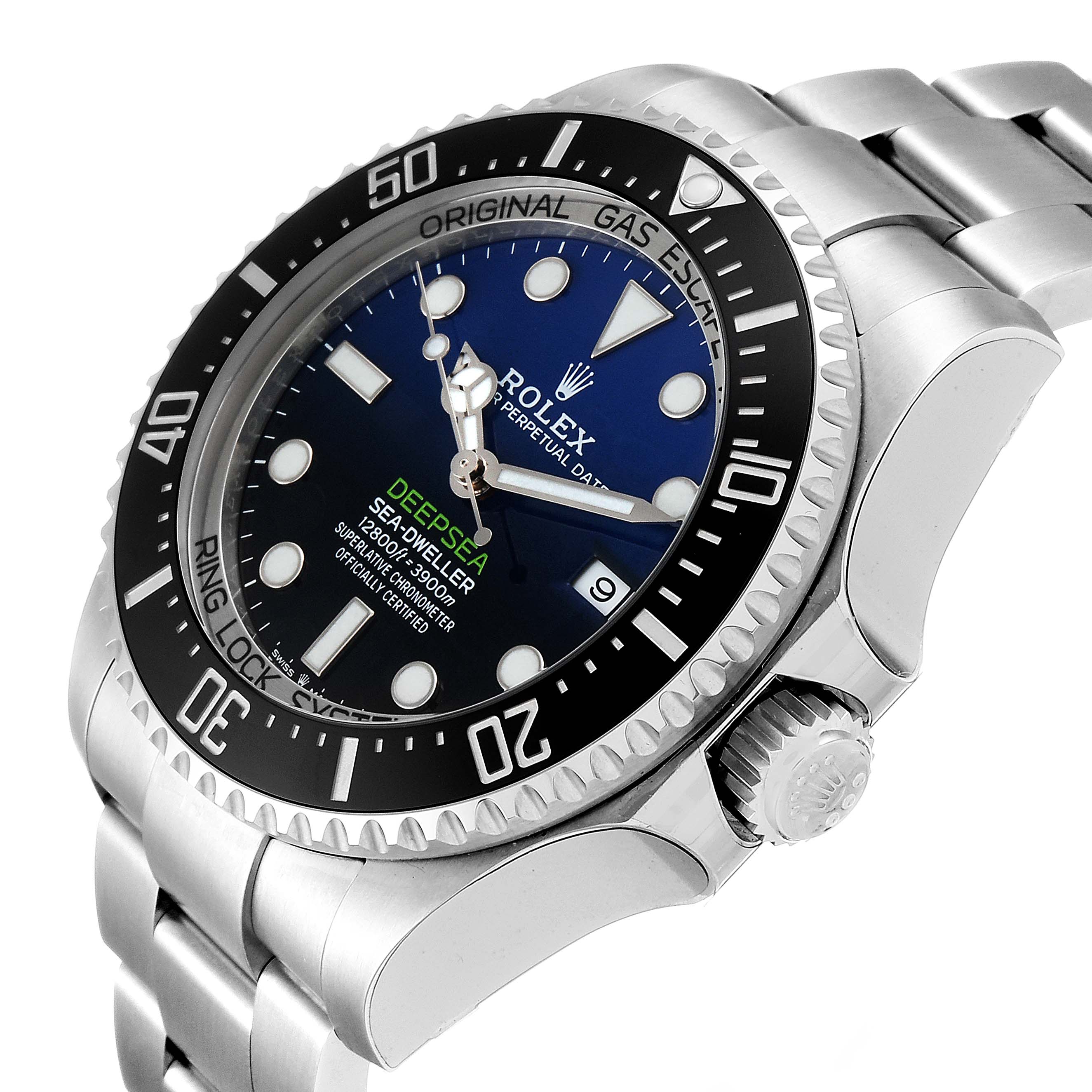 The Rolex Sea-Dweller 126660 Men
s Stainless Steel Blue Dial 126660 Men
s Stainless Steel Blue Dial watch is shown at a slight angle, highlighting the face, bezel, and bracelet.