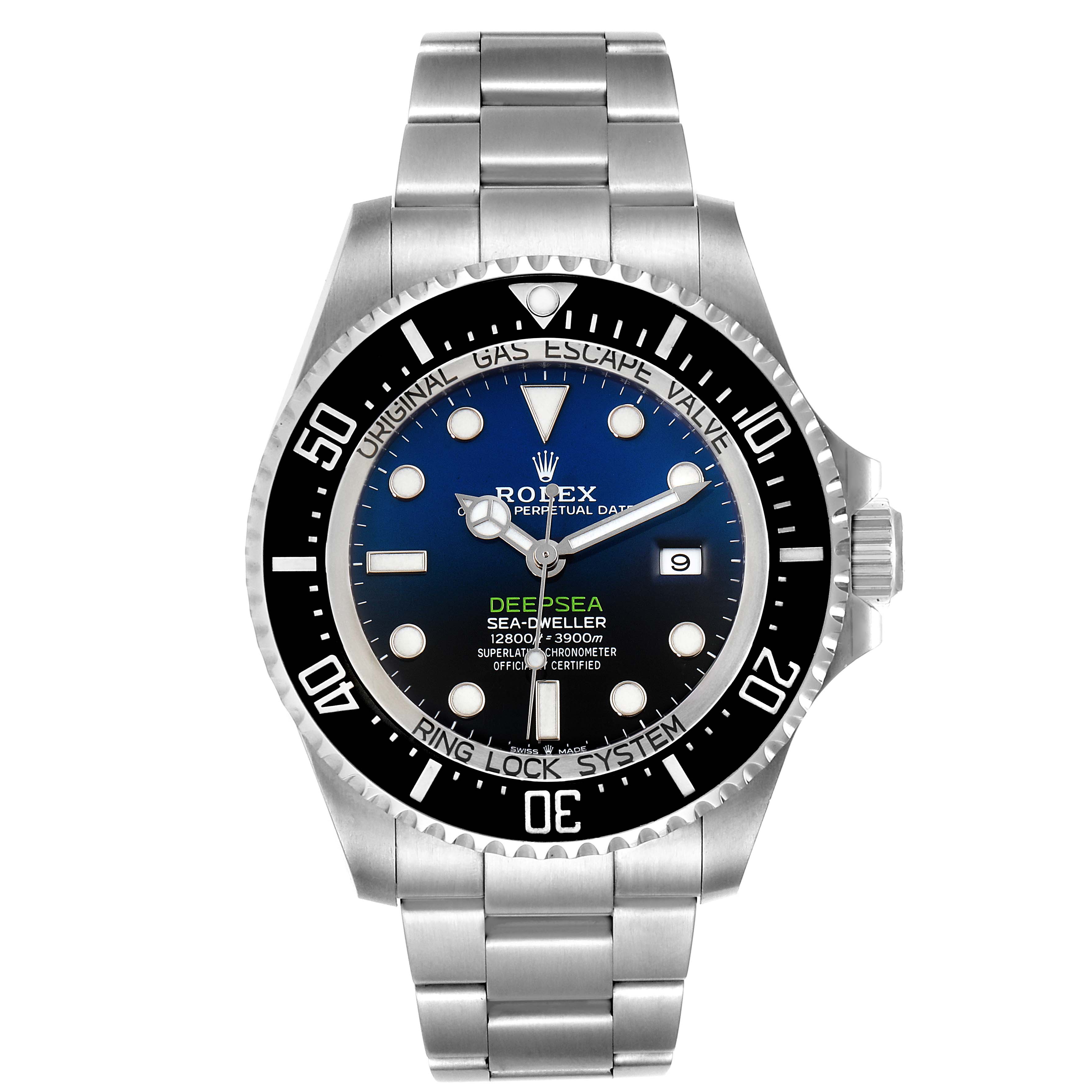 The image shows a front view of a Rolex Sea-Dweller 126660 Men
s Stainless Steel Blue Dial 126660 Men
s Stainless Steel Blue Dial watch, displaying the bezel, face, crown, and bracelet.